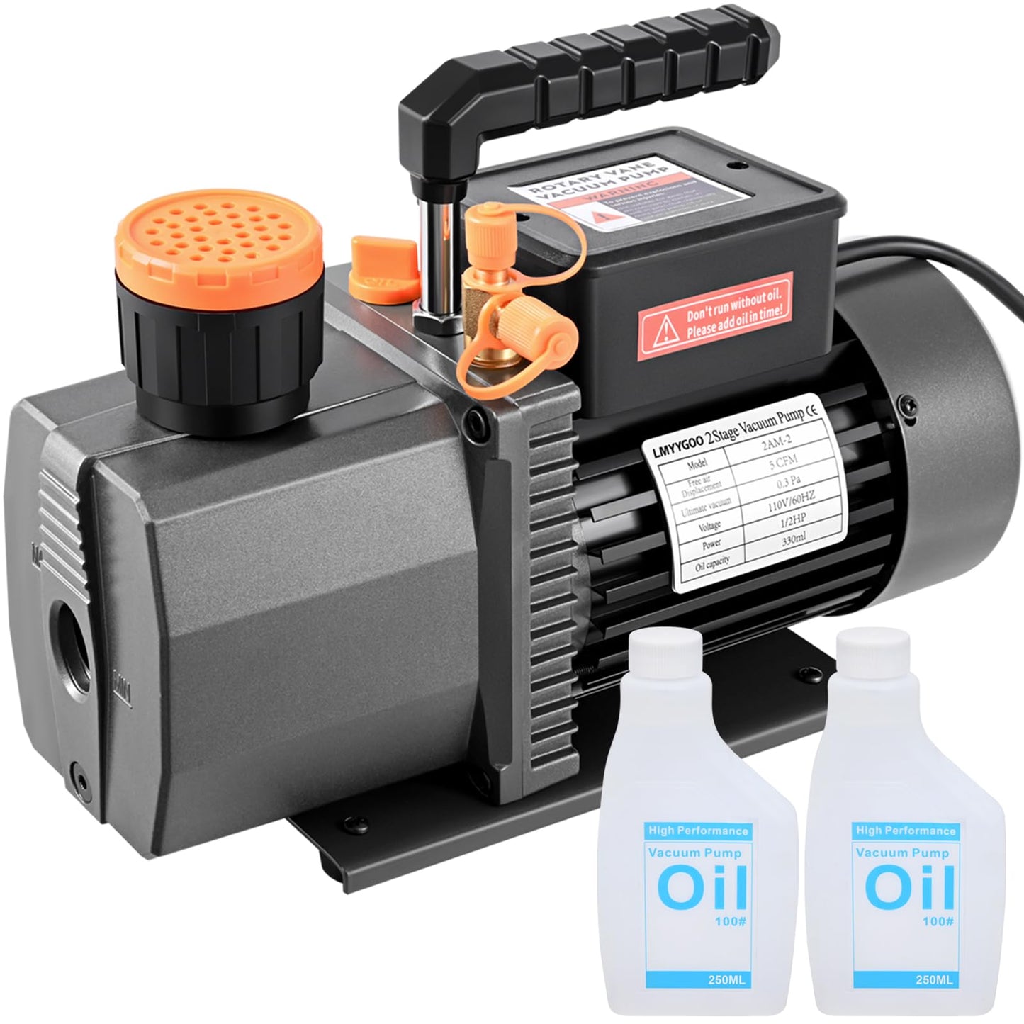 LMYYGOO 5 CFM 2-Stage HVAC Vacuum Pump, 1/2 HP Sparkless Motor, Deep Vacuum Pump for R32 R1234yf R410a R134a, Automotive AC & Mini Split Refrigeration System Evacuation