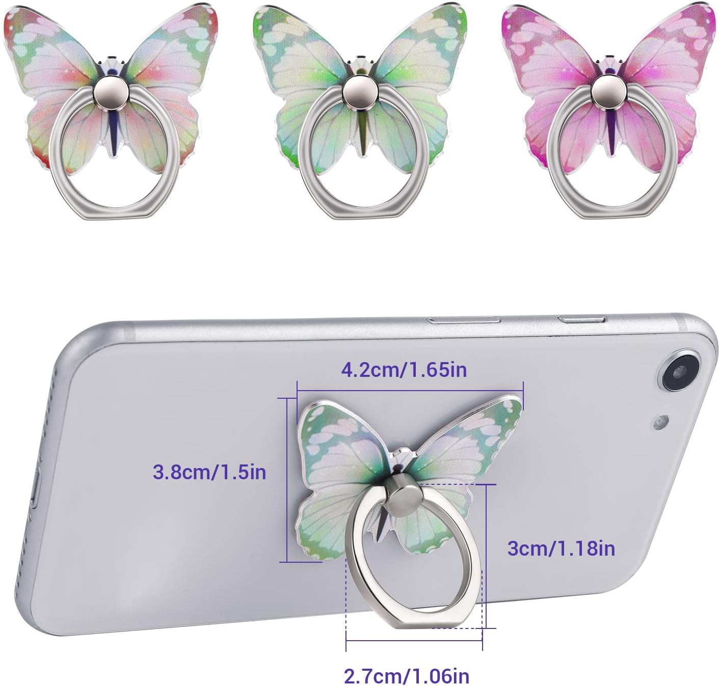 cobee 3 360Rotation Pcs Butterfly Cell Phone Ring Stand Holder, Cute Butterfly Pattern Painted Metal Finger Stand