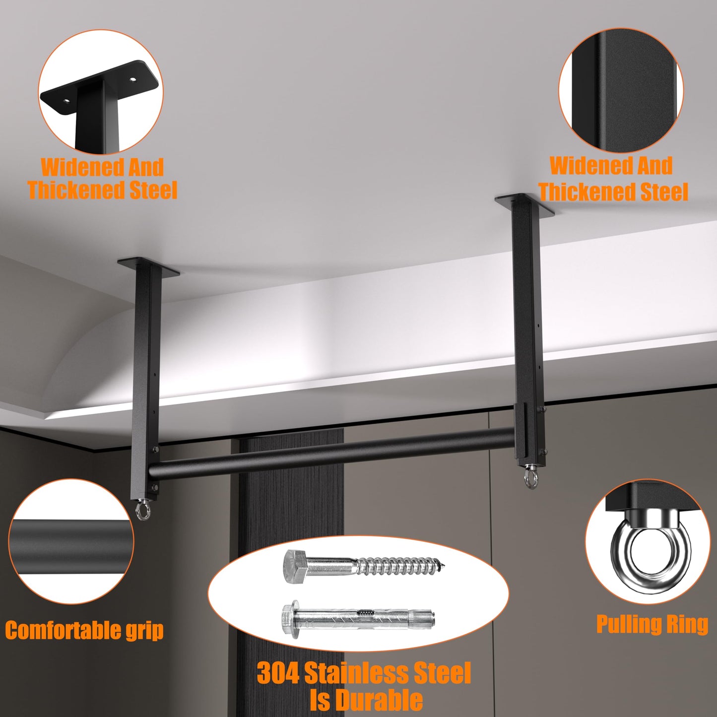HWOOUSA Ceiling Mounted Pull Up Bar, 3 Adjustable Heavy Duty Pull Up Bars, 16"/24" Rafter Chin Up Bar, Ceiling Joist for Garage/Gym/Basement with Comfortable Grip & Round Anchors, Heavy Duty 700 LBS,Black