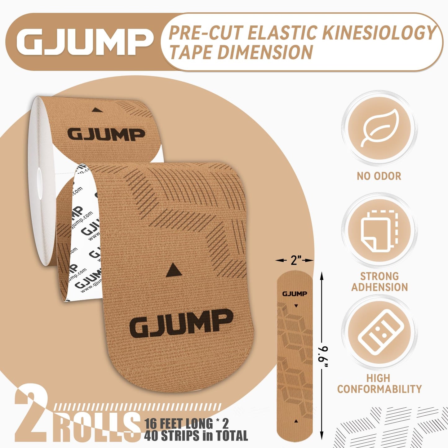 GJUMP Kinesiology Tape, 40 Count Precut Strips 2 Rolls, Original Cotton Elastic Athletic Tape for Muscle Strain Relief & Joint Support, Waterproof & Breathable Sports Tape
