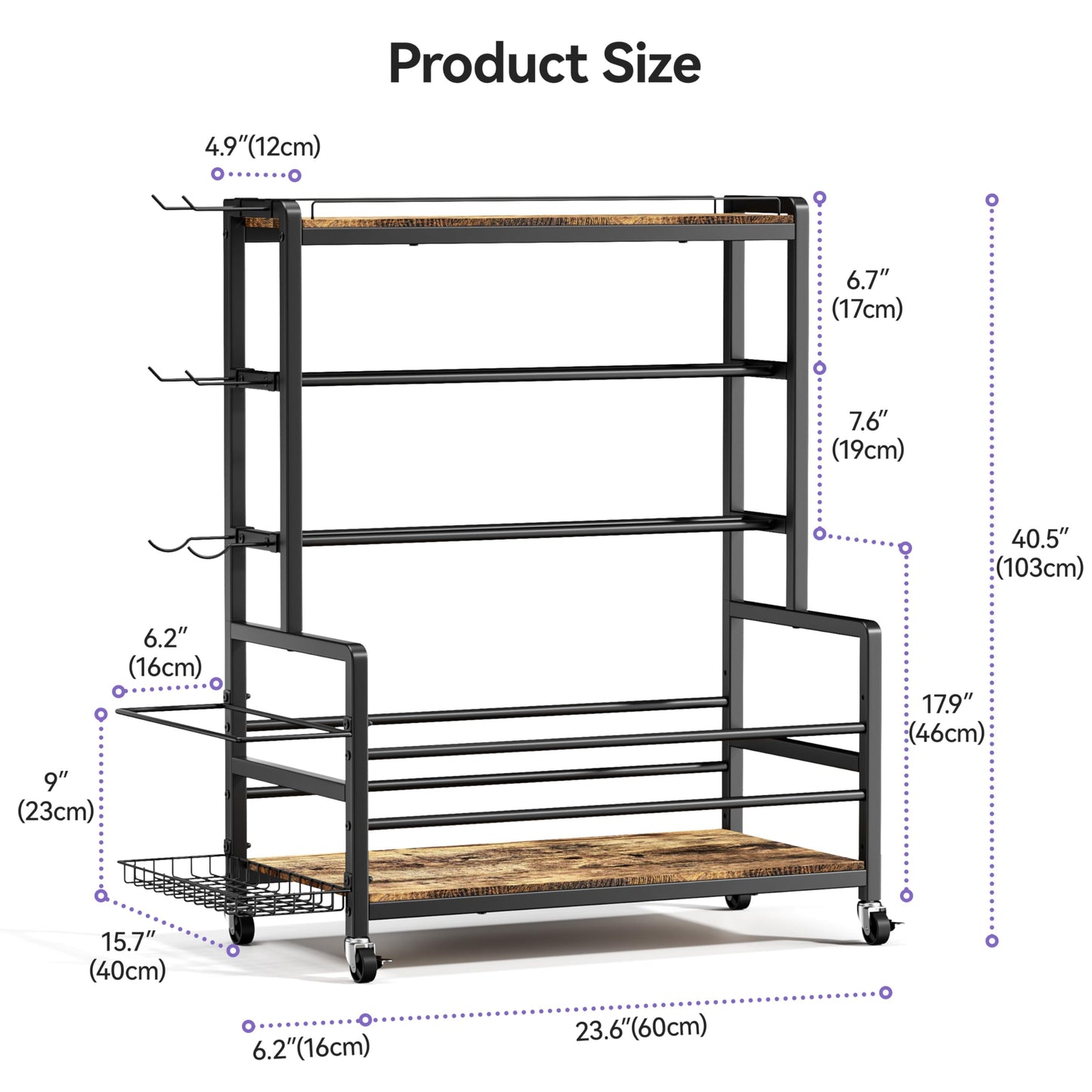 Dumbbell Rack with Wheels, 3-Tier Home Gym Storage Rack, Workout Equipment Organizer with Lockable Casters, Hooks, Side Basket and Wood Shelves