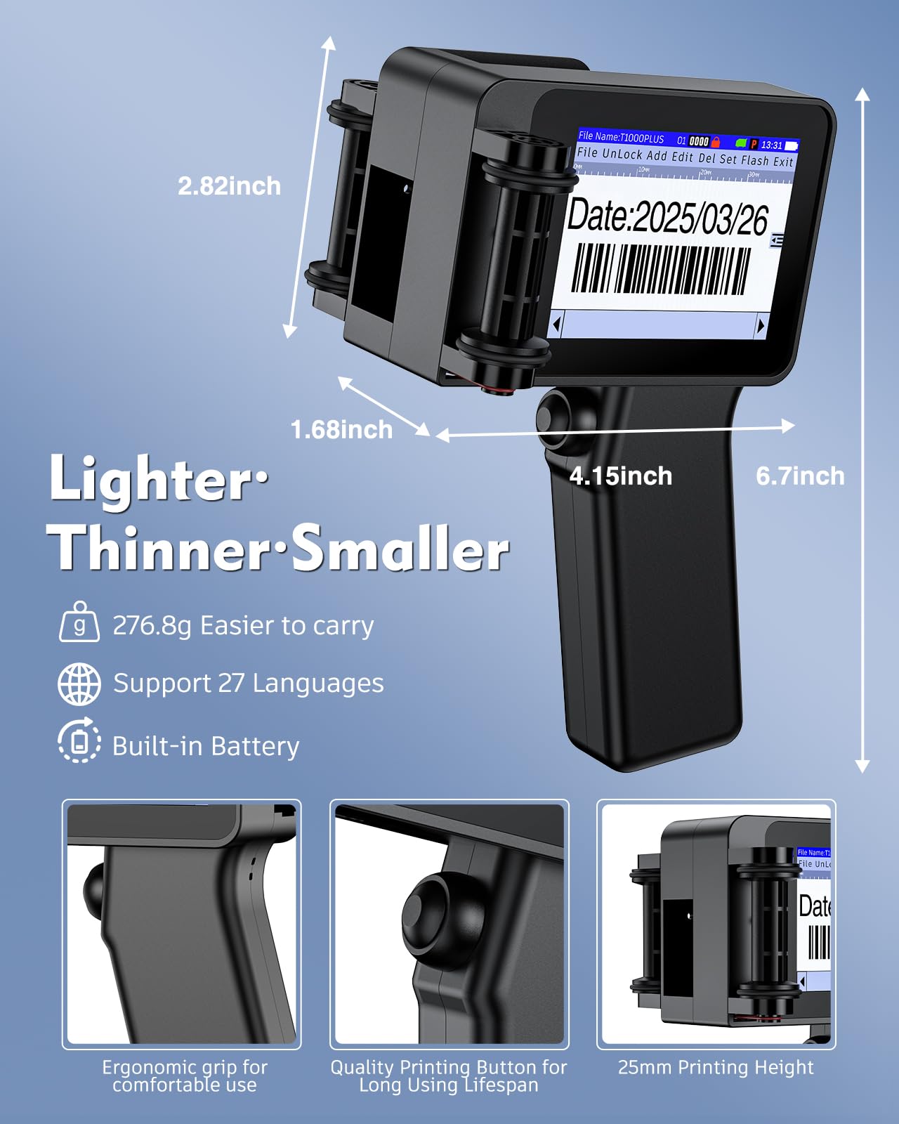 Mini 1" Handheld Inkjet Printer Gun, T1000Plus Handheld Printer Printing Height 0.08-1Inch Inkjet Coder with 42ml Fast-Drying Ink for Text QRCode/Barcode/Batch Number/Date Printer with Touch Screen