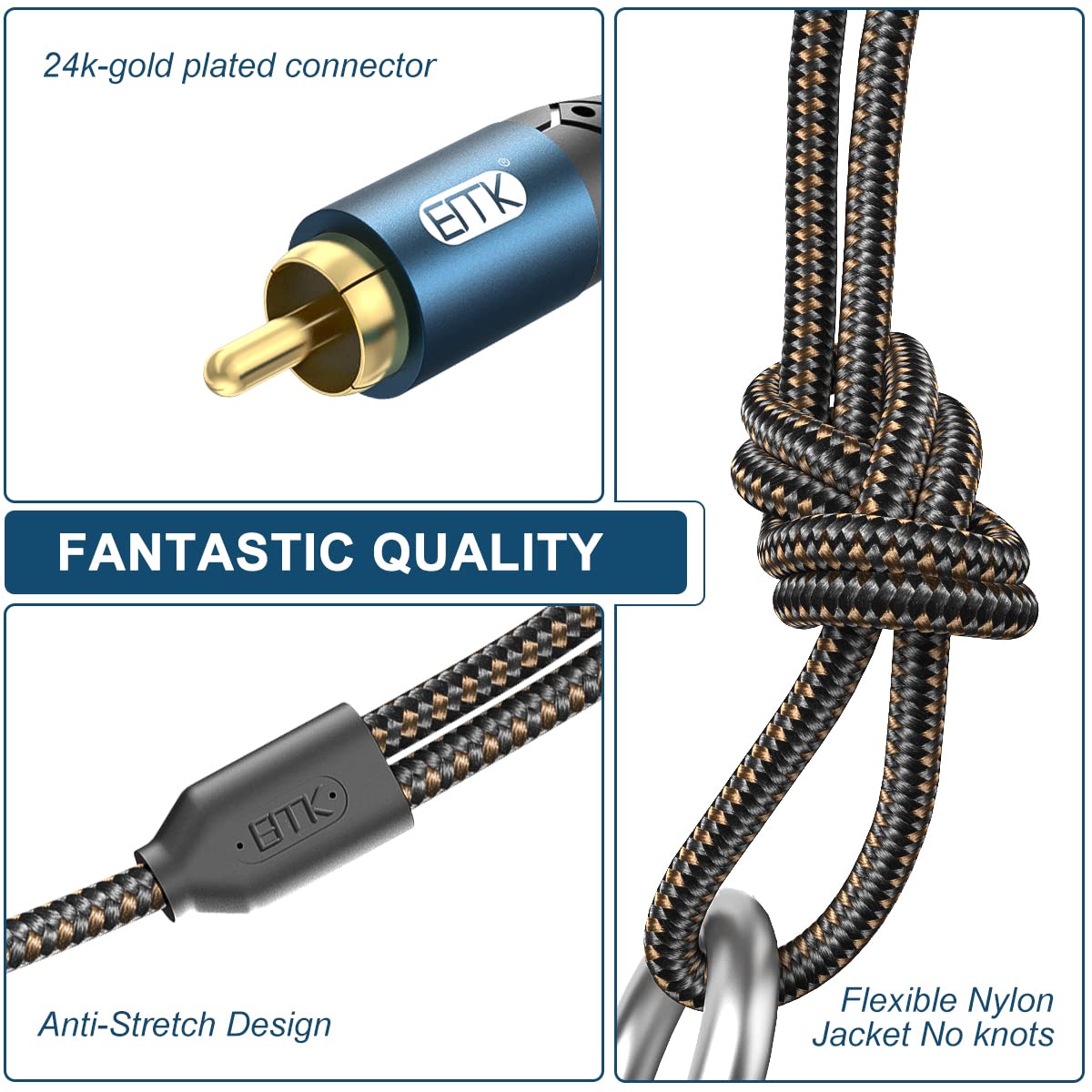 3.5mm 2RCA 24K 1/8 Speaker,MP3/MP4,Player 6.6ft/2m EMK to Cable Gold-Plated Nylon Braided RCA to Auxiliary Stereo Audio