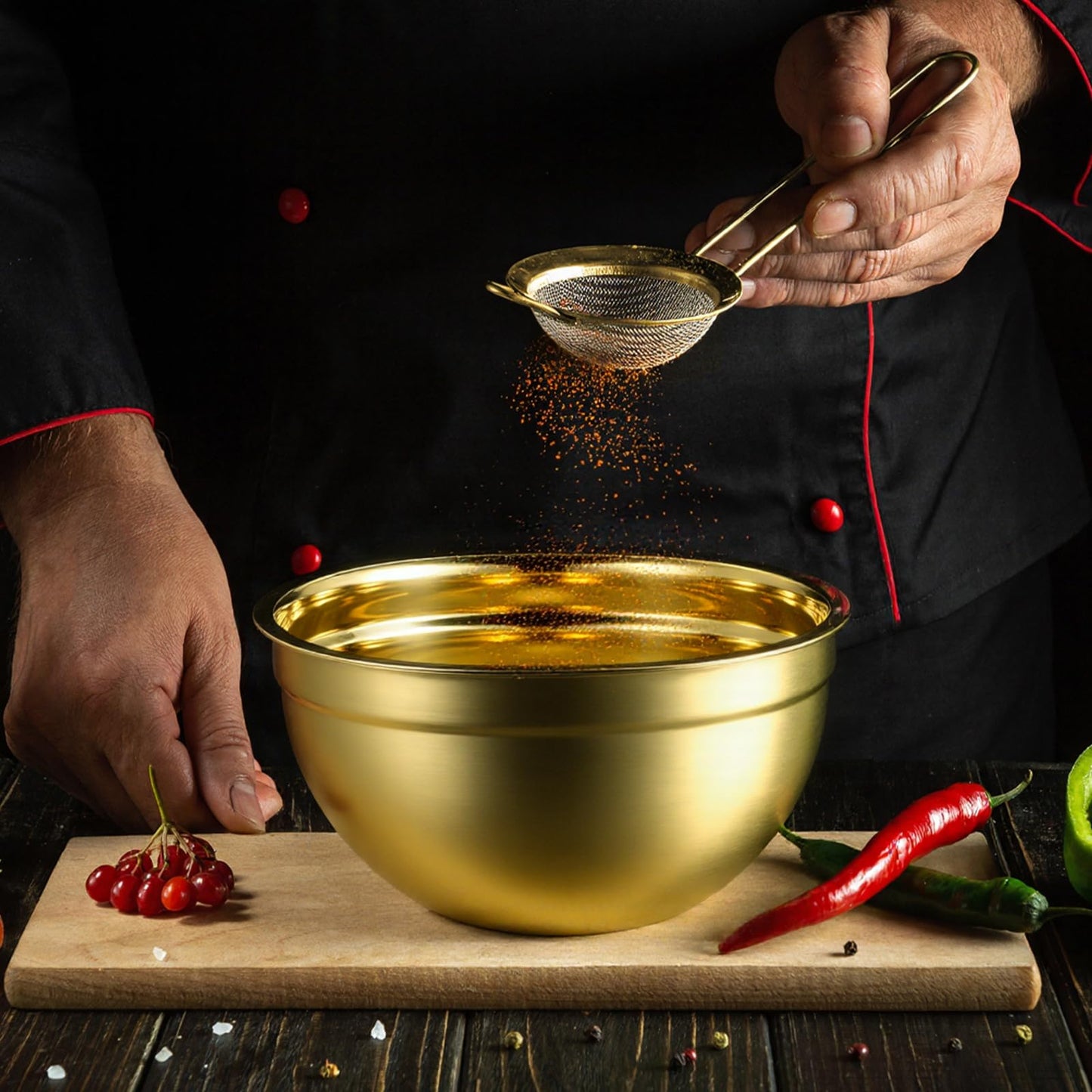 Baderke 6 Pcs Gold Kitchen Accessories Set Includes 3 Gold Mixing Bowls with Airtight Lids Stainless Steel Colander Grater Slicer and Fine Mesh Strainer(Mixing Bowls: 2.8/3.7/5 Qt, Colander: 4 Qt)