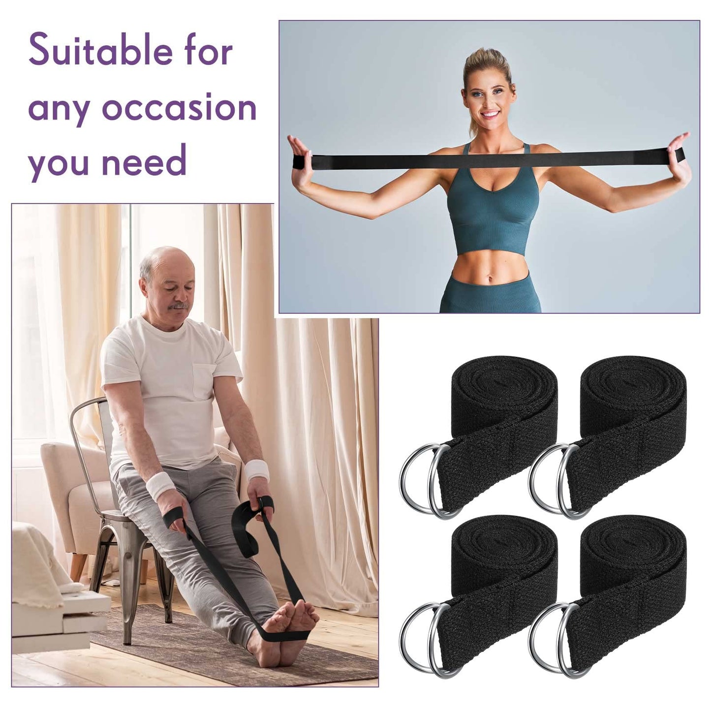 Jerify 10 Pcs Yoga Strap for Stretching Bulk 6ft Exercise Stretch Band with Metal D Ring Adjustable Pilates Non Elastic Yoga Belt for Women Men Physical Fitness Gym Workout Dance (Black)