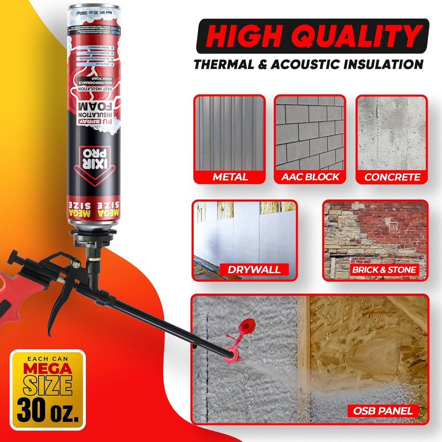 ixirpro Spray Foam Insulation Kit (18 PK Kit-30oz) Expanding Sealant, Spray Foam, Mega Size Closed Cell Heat Acoustic Insulation, High Density, Cleaner, Gun
