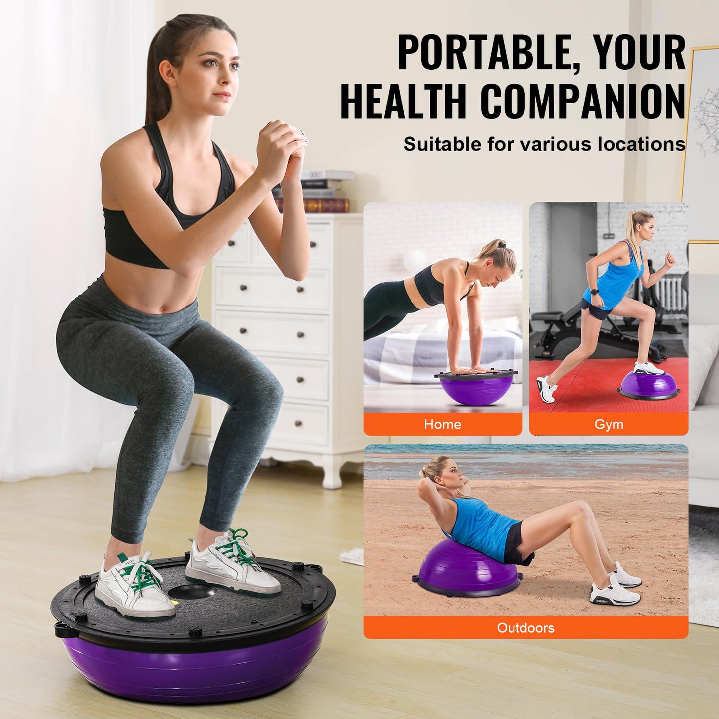 VEVOR 23-inch Half Exercise Ball Trainer, 660 lbs Capacity Balance Ball, Includes Resistance Bands and Pump, Ideal for Full Body Workouts, Yoga, and Strength Training at Home Gym, Purple