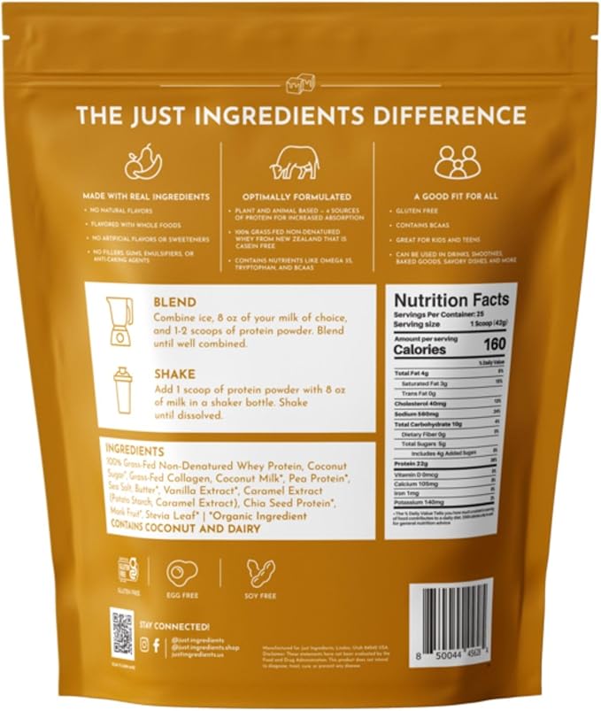 JUST INGREDIENTS Salted Caramel Protein Powder ??30-Serving Blend with 100% Grass-Fed Whey & Organic Plant Proteins ??Naturally Flavored ??Supports Muscle Recovery, Energy *