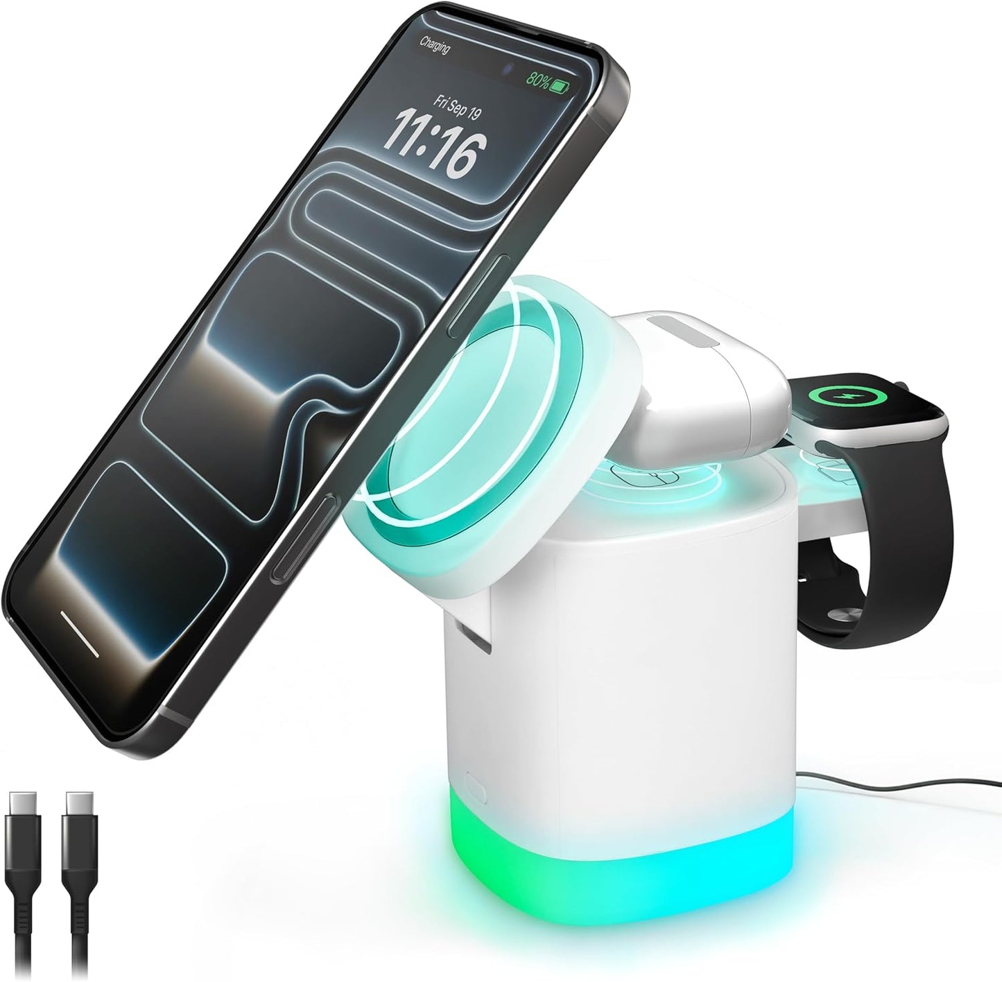 3-in-1 15W iHome Wireless Charging Stand, Fast Charge, LED Light, MagSafe Compatible, Foldable Design