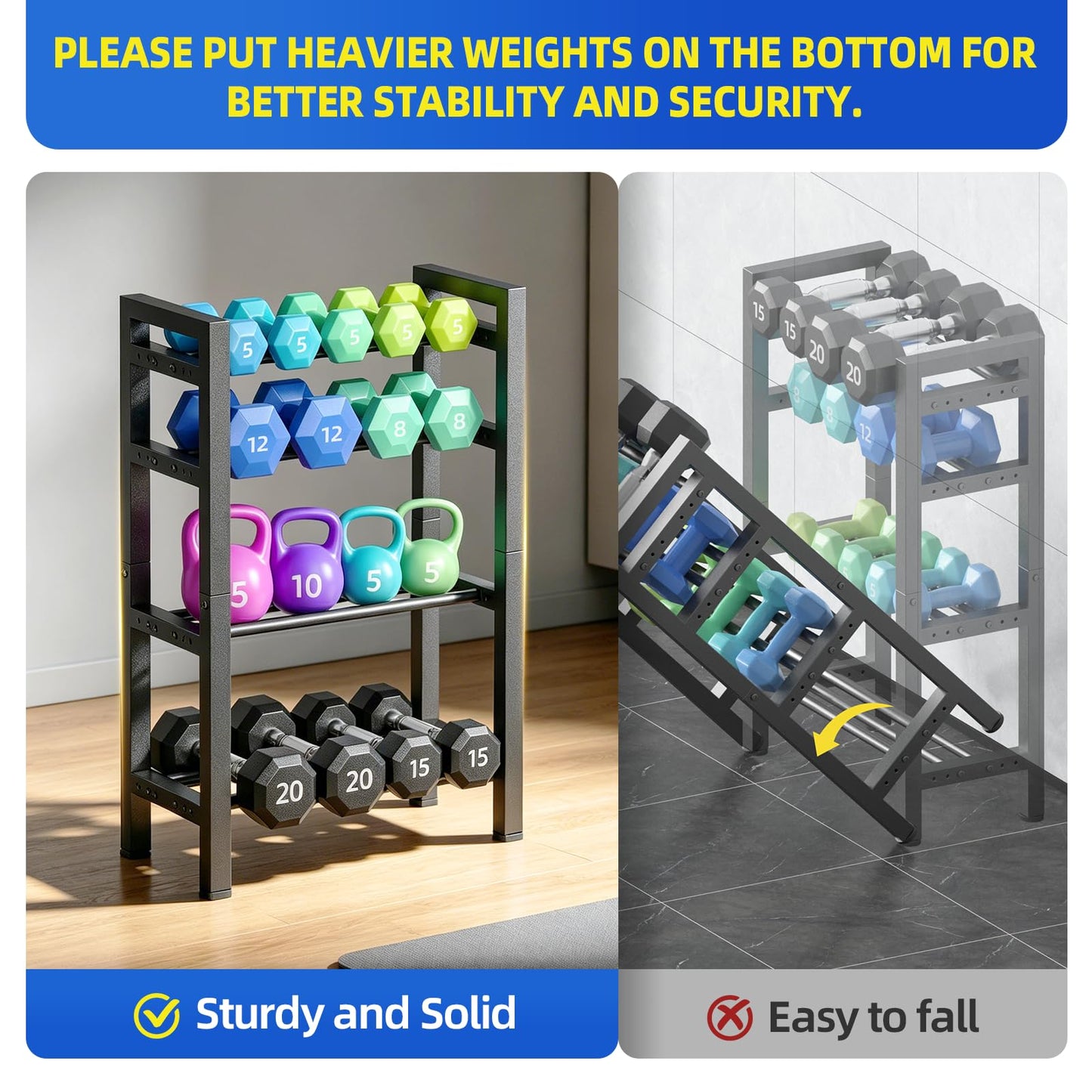 4 Tier Dumbbell Rack,Adjustable Weight Rack for Home Gym,Heavy Duty Weight Stand,800LBS Capacity Kettlebells Storage,Workout Equipment Organizer (Rack Only)