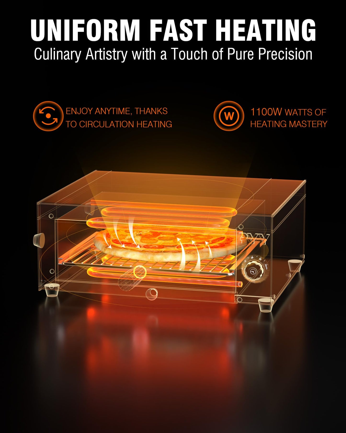 PYY Pizza Oven Electric - 12 Inch Tabletop Pizza Oven Indoor Stainless Steel Professional Pizza Cooker Baker Countertop with Timer & Crumb Tray for Home Restaurant 1100W,Black