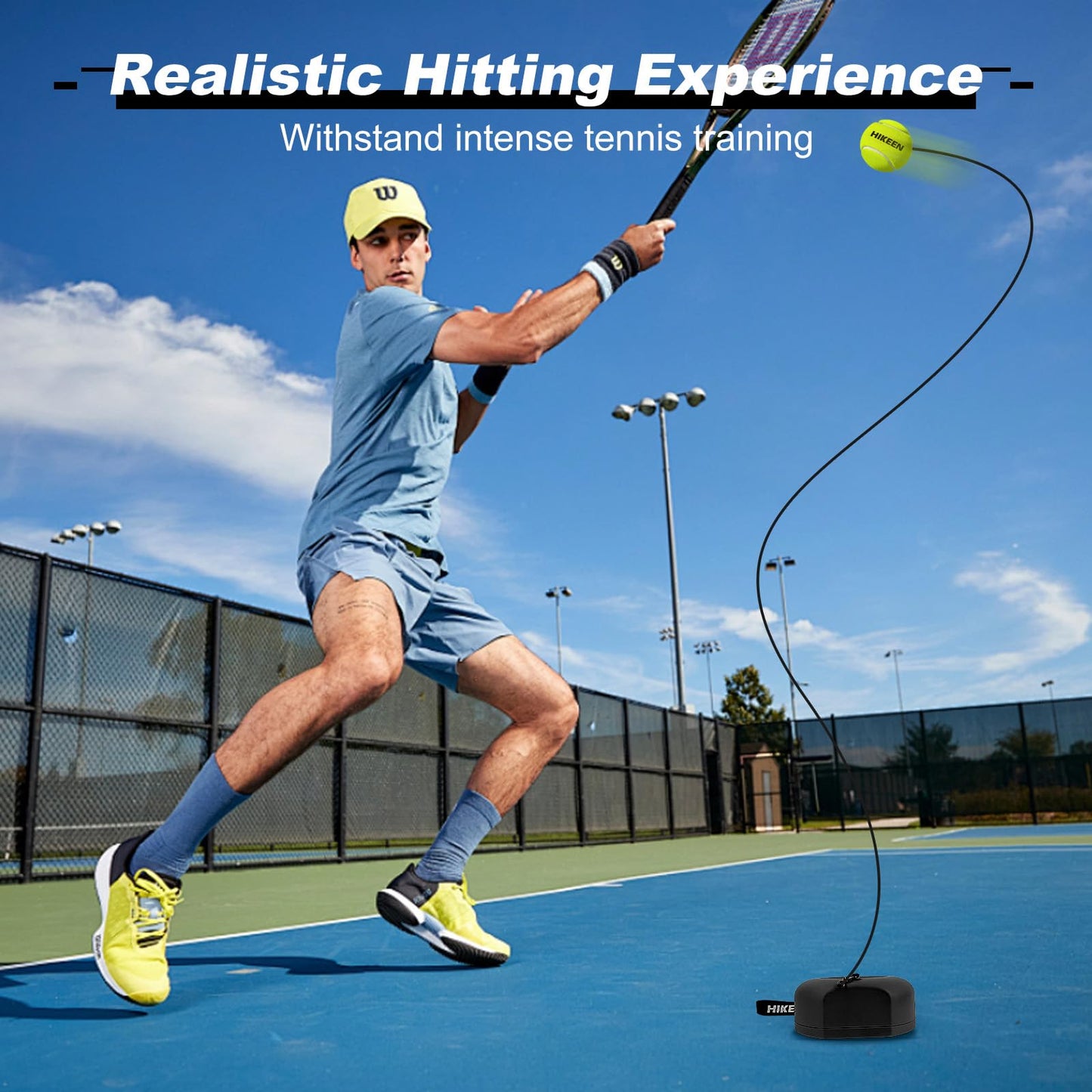 Hikeen Premium Tennis Trainer Rebound with Metal Base,Portable Solo Tennis Trainer Set with 3 Highly Elastic String Balls,Tennis Practice Equipment for Adult Kids an Beginners - Black