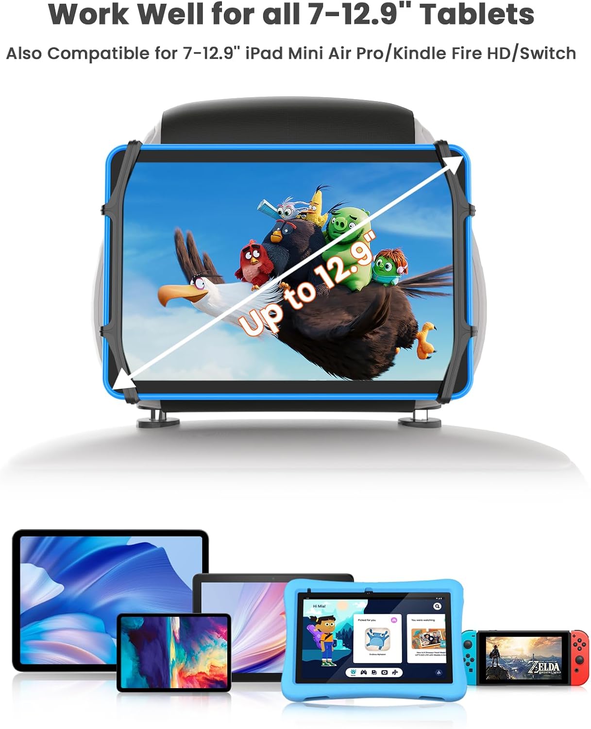 WONNIE 7-12.9'' Tablet Holder for Car, Upgraded iPad Holder for Car Mount Headrest, iPad Mount Back Seat for Kids