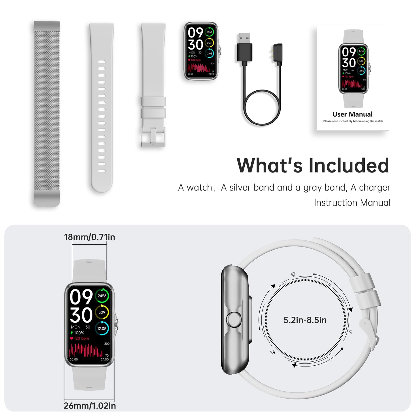 Sunorshop Health Fitness Tracker, Smart Watch with 24/7 Heart Rate and Blood Oxygen Monitor, Sleep Tracker with IP68 Waterproof, Activity Tracker Pedometer Step Counter for Women Men (Silver)