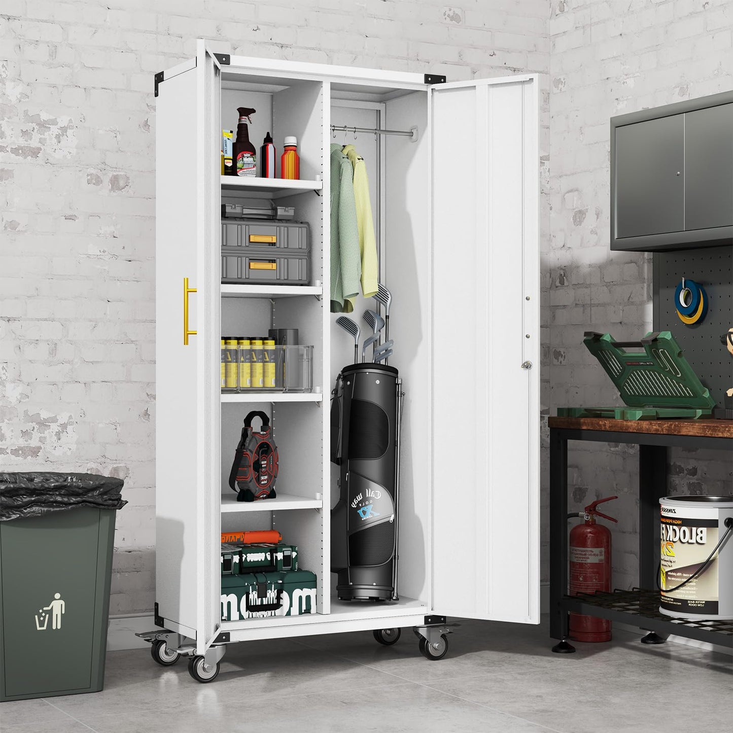 erosoei 71" Broom Storage Cabinet, Cleaning Tool Storage Cabinet, Garage Utility Storage with Hooks and Hanging Rods, Heavy Duty Garden Tool Organizer, for Home, Garage, Laundry Room, Gym, Workshop