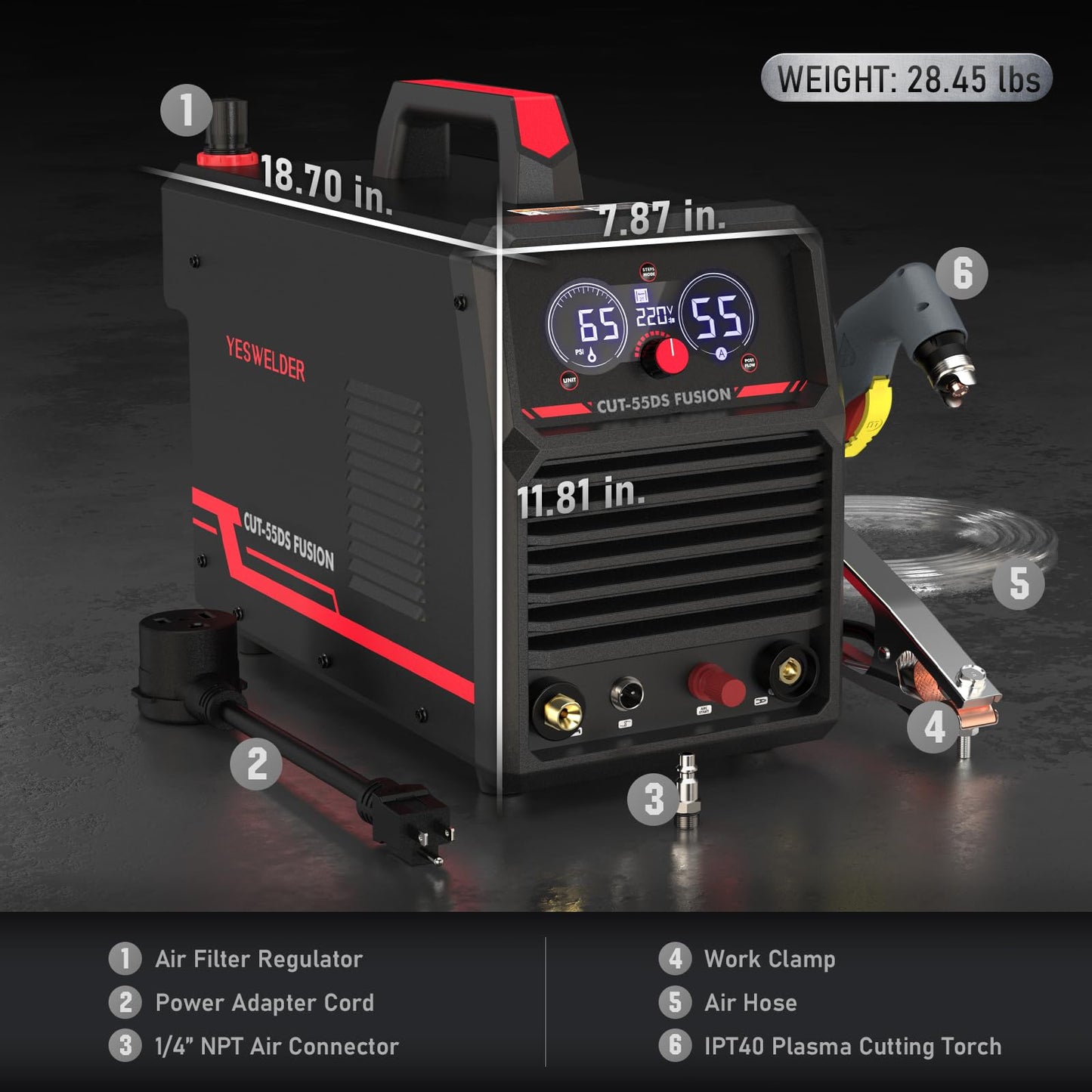 YESWELDER Plasma Cutter with Built In Air Compressor, Large LED Digital Display 55Amp 110V/220V Non-High Frequency Non-Touch Pilot Arc Plasma Cutting Machine CUT-55DS FUSION