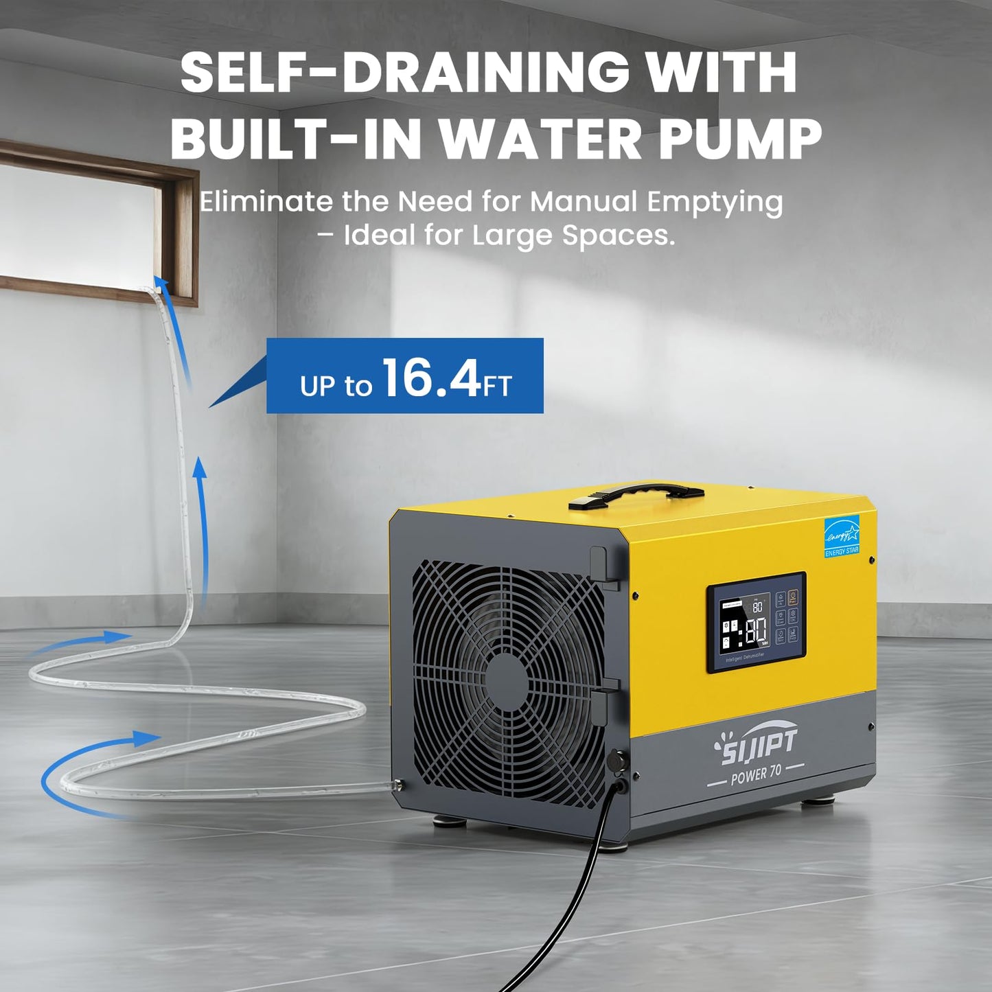 70 Pint Crawl Space Dehumidifier with Energy Star & Pump & Drain Hose for Basement, Commercial, Whole House, Industrial, Water Damage Restoration, Spaces Up to 2000 Sq Ft, Auto Defrost,Memory Restart
