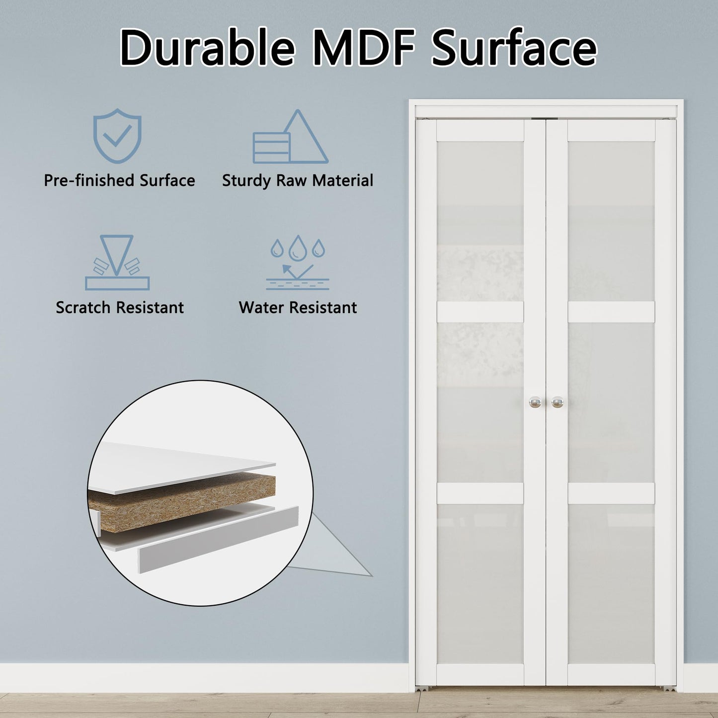 French Pivot Door for 24" x 80" Opening, Double Frosted Glass Panels with Hardware, Swing for Pantry/Laundry/Storage Room, White, Water & Scratch-Resistant Surface, Easy Install