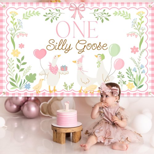 Avezano One Silly Goose Backdrop Banner for Kids Goose 1st Birthday Party Decoration Duck Farm Barnyard 1st First Birthday Party Supplies (Pink, 6x3.6ft)