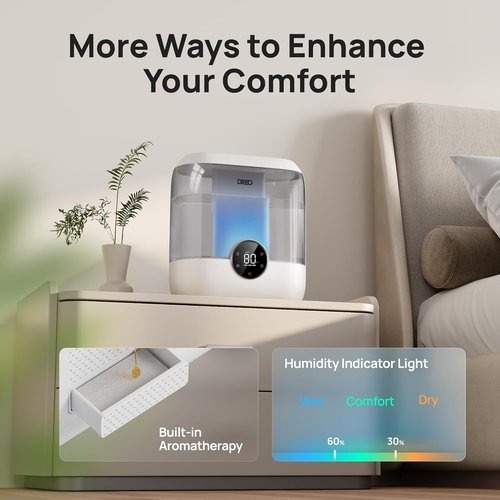 DREO 6L Top Fill Humidifier - Quiet 28 dB Cool Mist for Large Rooms | 60-Hour Runtime, Easy to Clean
