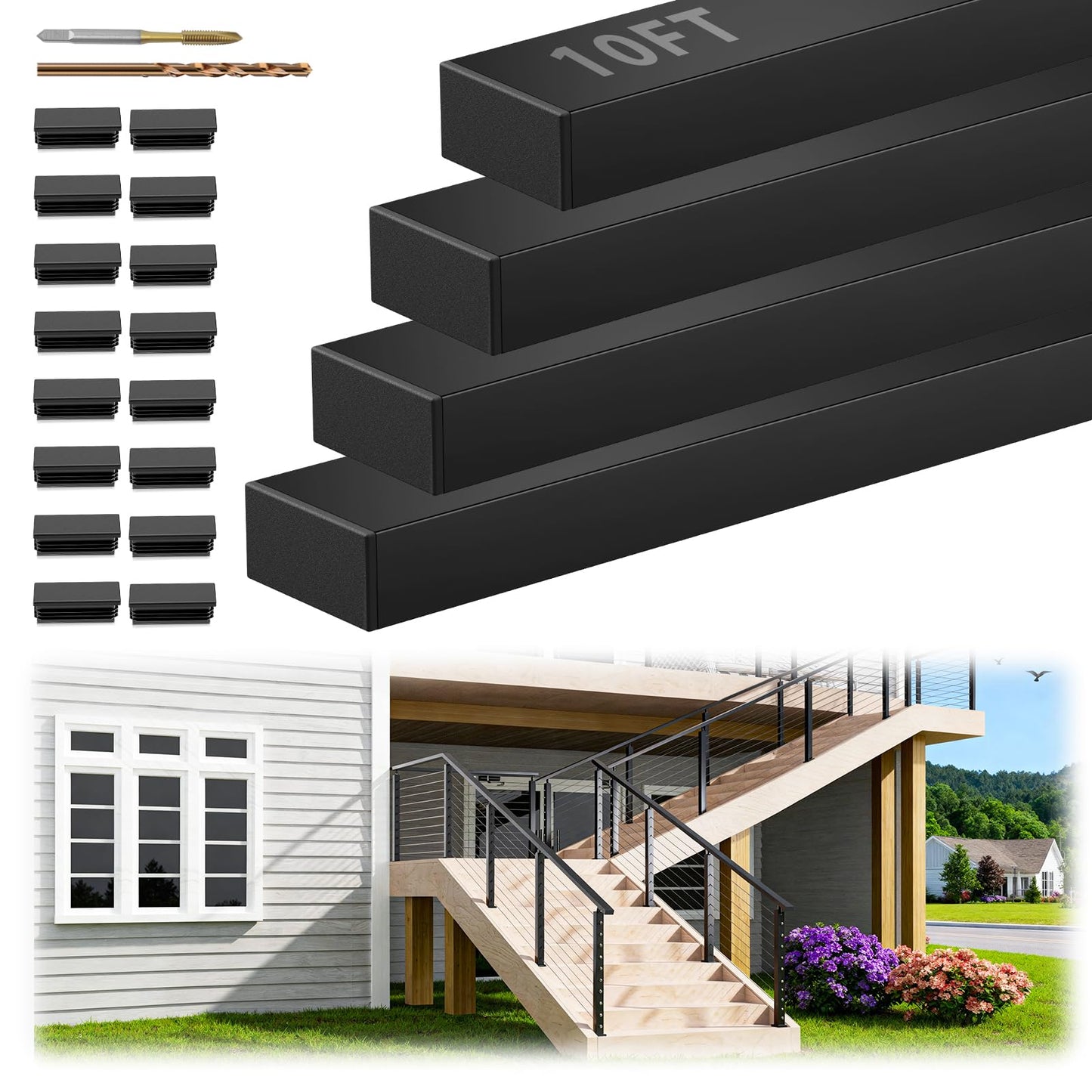 Gyykzz 4 Pack 10FT Black Rectangular Stainless Steel T304 Handrail for Cable Railing System, Flat Top Cable Railing Handrail with Extra End Caps for Indoor Outdoor Length Adjustable DIY Balustrade