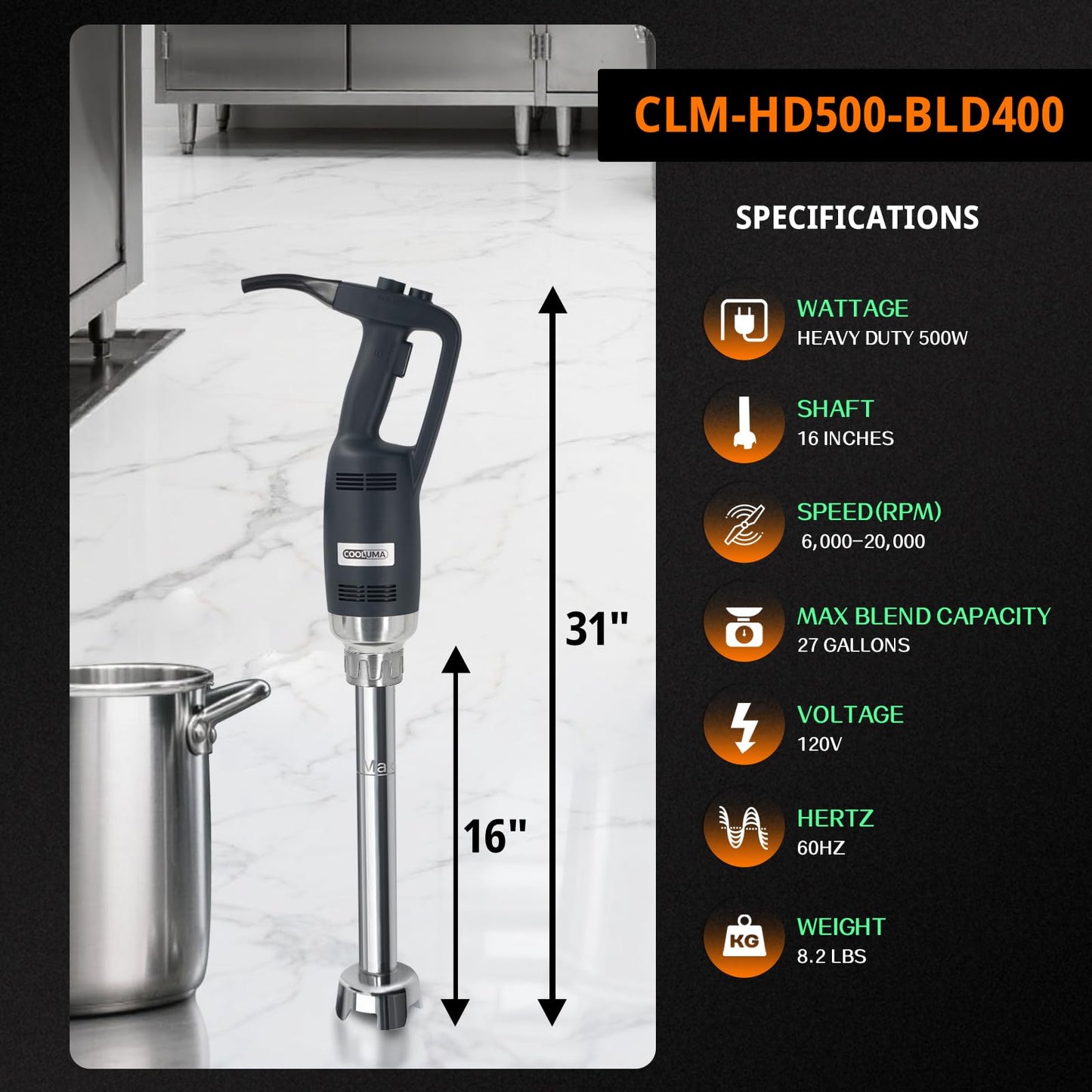 COOLUMA Commercial Immersion Blender, 500W Heavy Huty Hand Blender With 16 Inch Removable Shaft, 6,000-20,000 RPM Variable Speed, Industrial Hand Mixer For Pro Restaurant Kitchen.