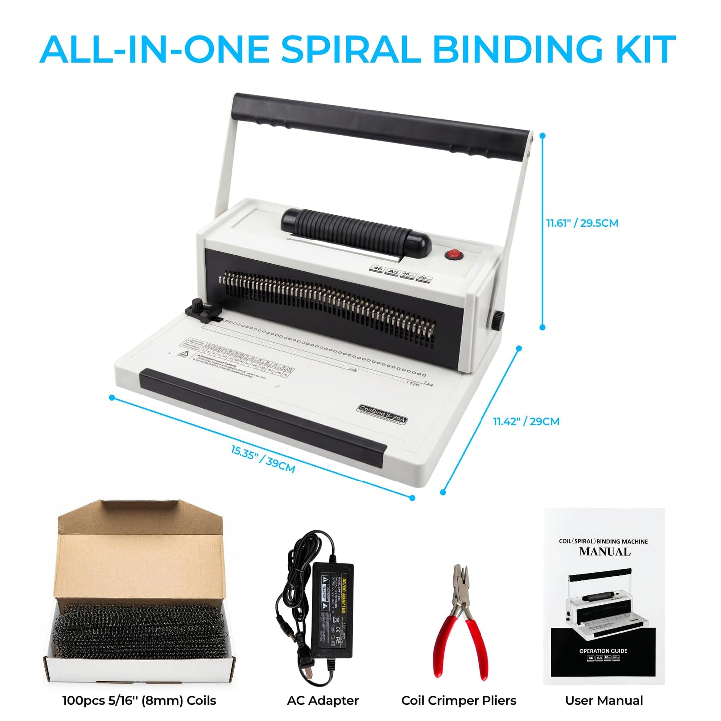 Spiral Binding Machine with Electric Coil Inserter, 20-Sheet Manual Punch, 4:1 Pitch, 46 Fully Disengageable Pins for Versatile Binding - Binds up to 500 Sheets - Includes 100 Coils & Crimping Pliers