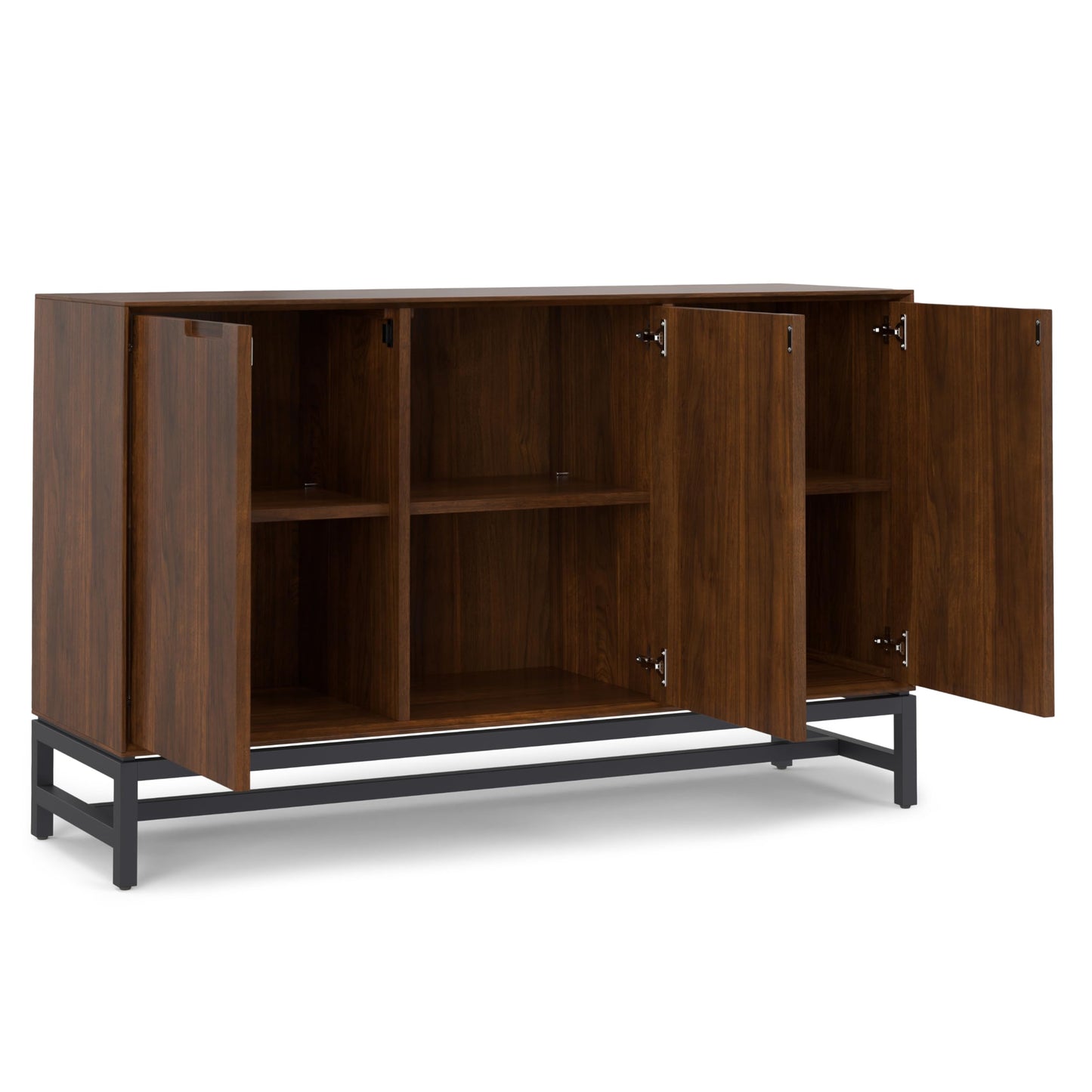 SIMPLIHOME Banting Buffet - 58 inch Wide Solid Wood 3-Door Sideboard Buffet in Natural Walnut, Mid-Century Modern Cabinet for Dining Room or Kitchen with Adjustable Shelves and Metal Base
