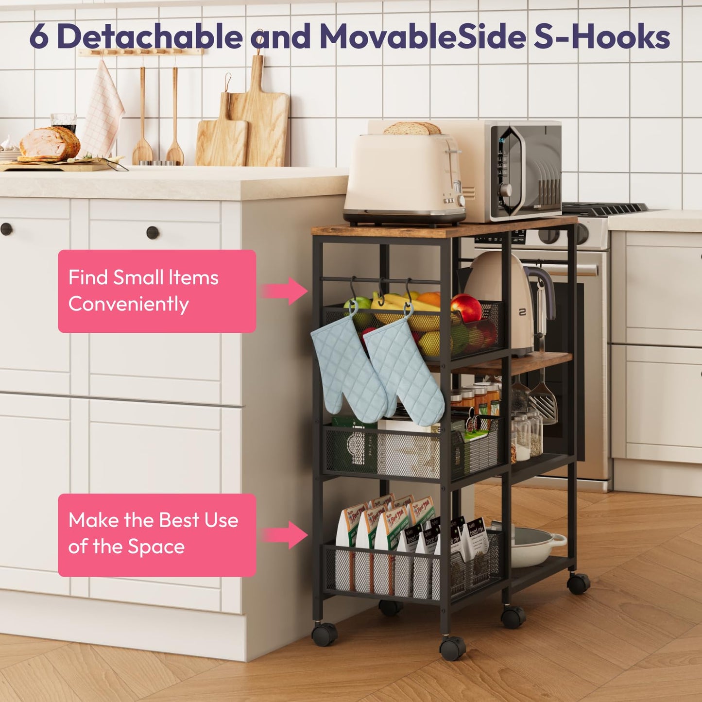 SWTYMIKI Kitchen Island Cart on Wheels - 4 Tier Rolling Kitchen Table Cart with Storage Shelves, 6 Removable Hooks& Locking Casters, Coffee Bar Cabinet for Dining Room Pantry Office, Espresso