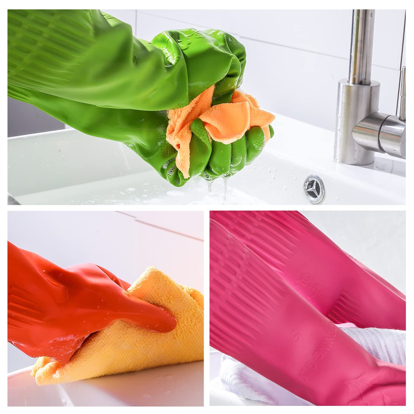 IUCGE Rubber dishwashing gloves 3 Pairs for kitchen,Cleaning washing dish gloves long for household reuseable durable.(Large,Multicolor)