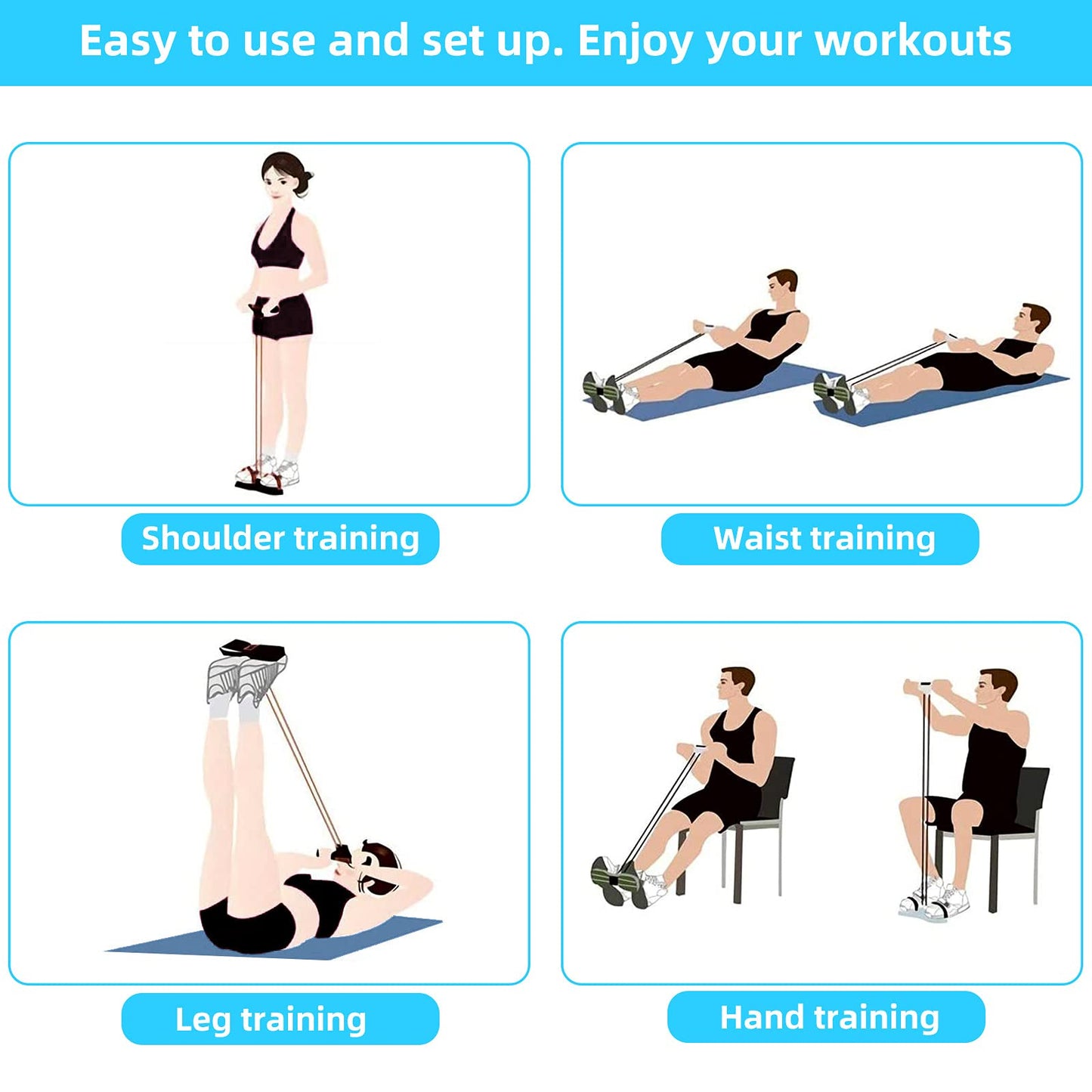 Multi-Function Tension Rope–4 Tube Resistance Bands with Handles–Sit Up Exercise Equipment Home Gym Tummy Trainer for Men Women(Blue)