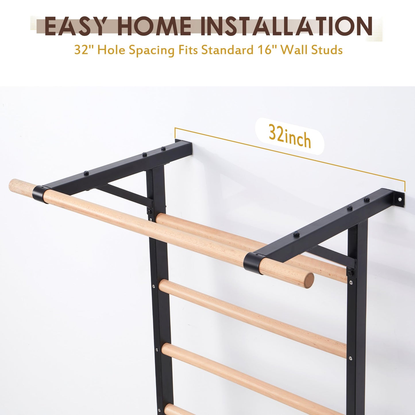 Morohope Solid Beechwood Stall Bar, 90" Swedish Ladder Wall Gym with Pull-up Bar & Dip Station, 220lbs Capacity Wall Mounted Gymnastics Ladder for Home Gym Training, Stretching & Bodyweight Exercise