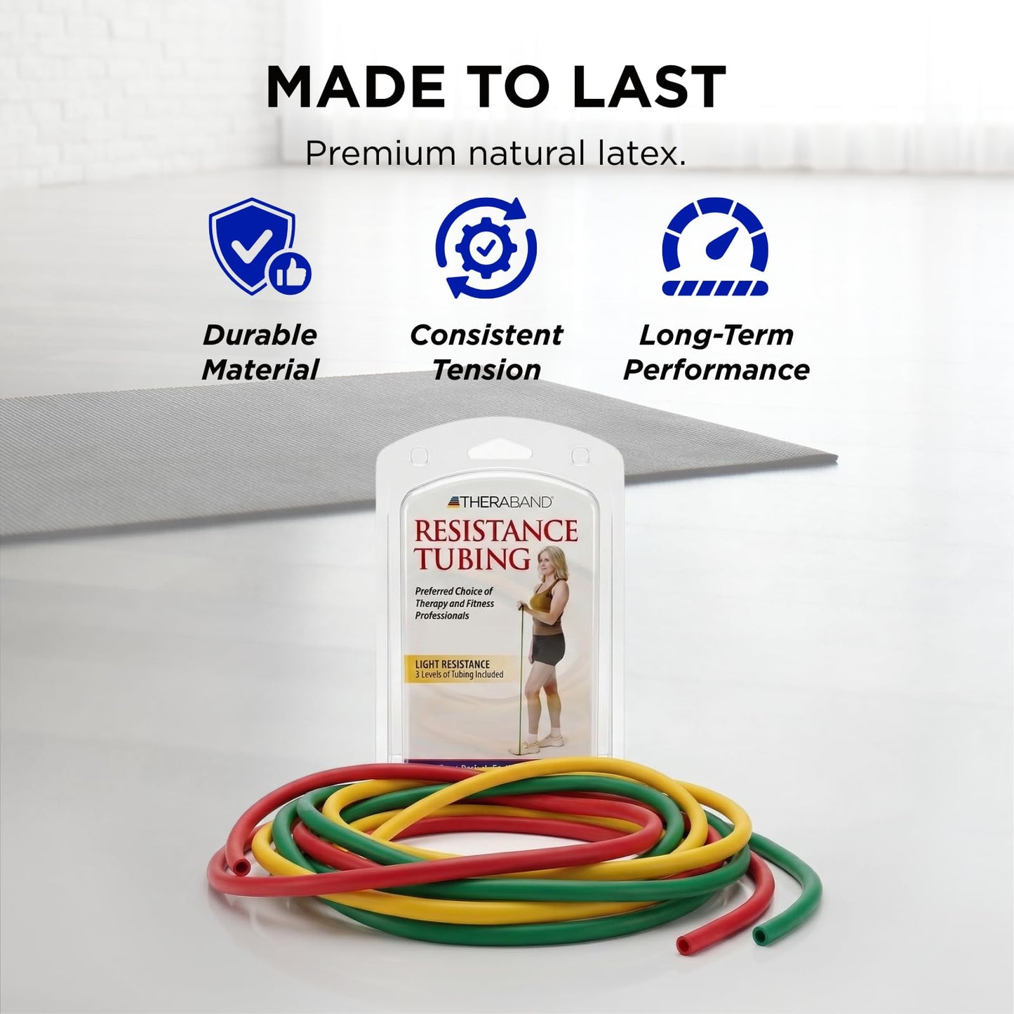 THERABAND Resistance Tubes, Begginer Set, Yellow, Red, and Green, 5 ft Latex Tubing, Home or Clinic Use, Cut-to-Fit, Color-Coded Resistance Bands for Upper & Lower Body Workouts