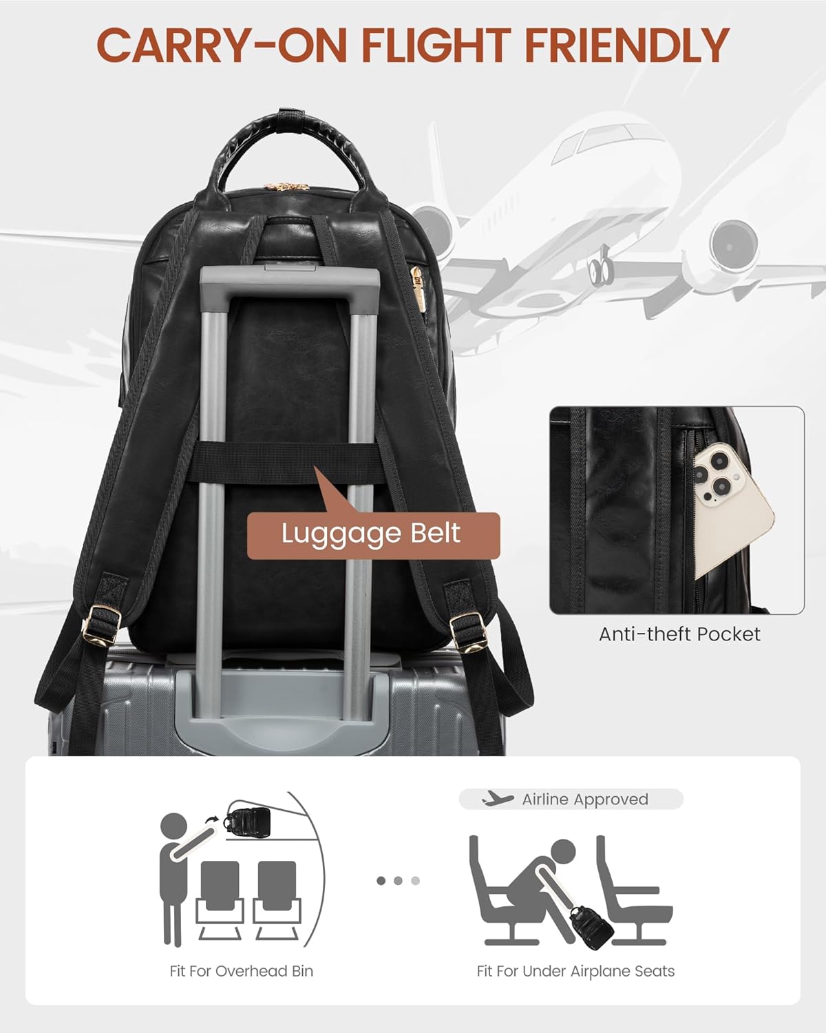 15.6 inch Backpack, 25L, LOVEVOOK Vintage PU Leather Women's Laptop Black, Water Resistant, USB Charging Port