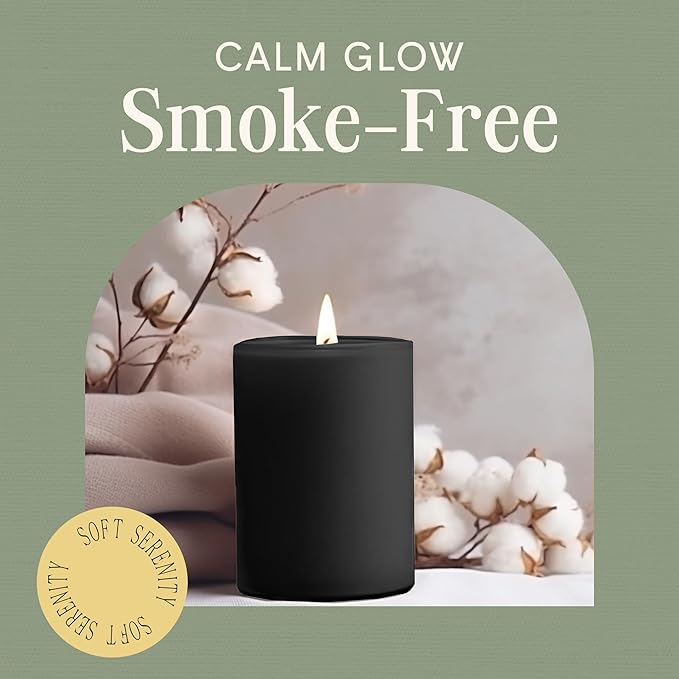 Mister Candle Dripless Unscented Pillar Candles, Set of 3 Hand Poured Solid Color Non-Scented Candles for Home Decor, Premium Wax, 60 Hr Burn Time - 3x4 Inch, Black