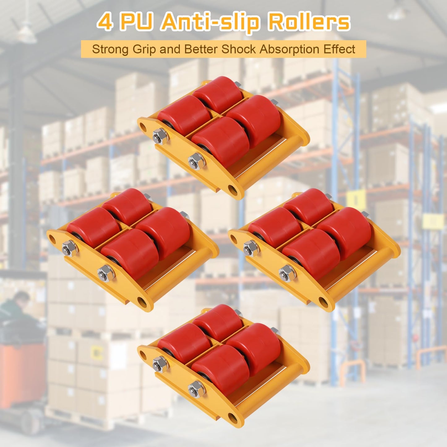 TFCFL 4pcs Machinery Skates, Machinery Mover with 2pcs Steering Handles, 6T/13200lbs Capacity, Machine Moving Skates Dolly w/ 360° Rotation Cap & 4 Rollers, Industrial Moving Equipment, Yellow