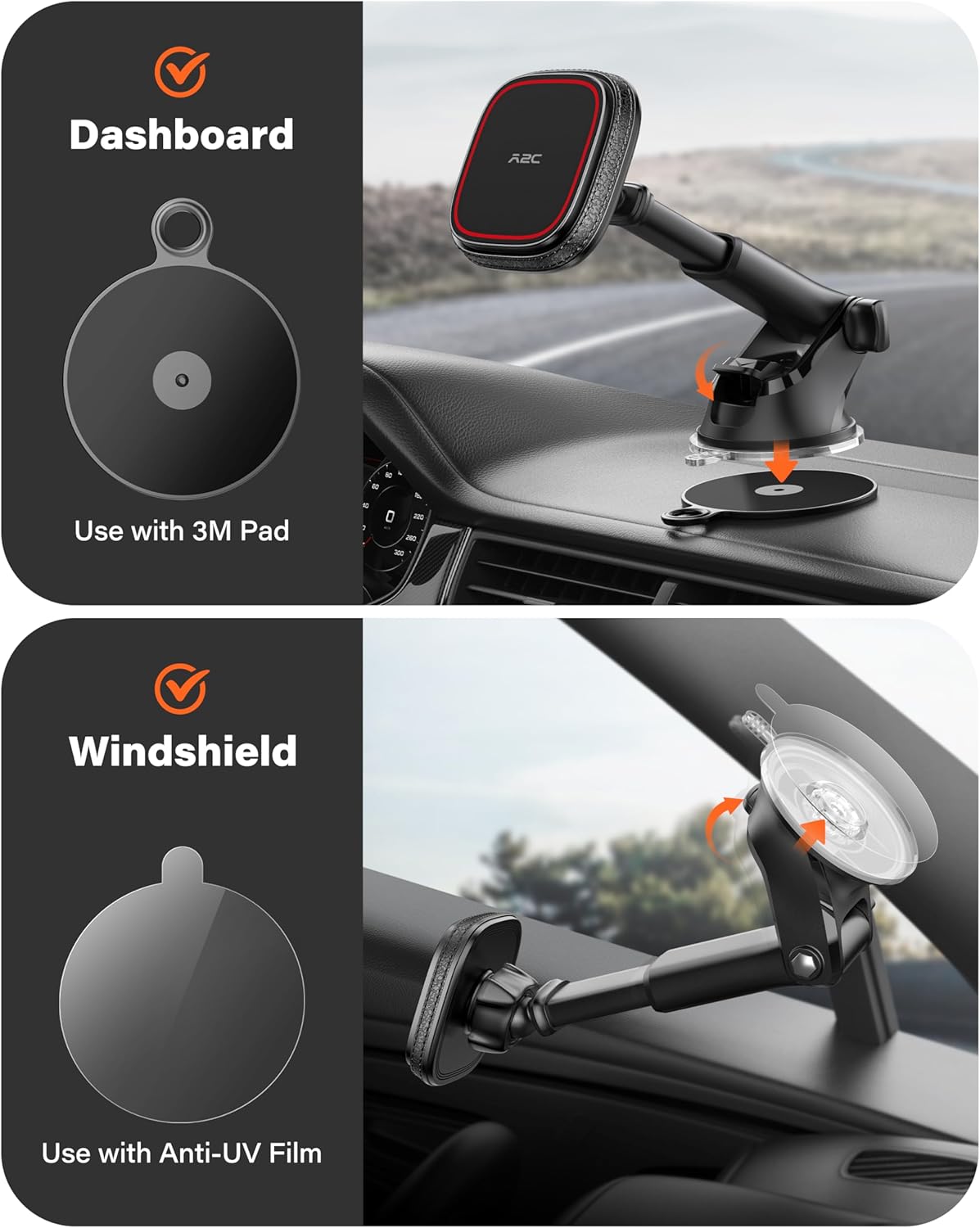 APPS2Car for MagSafe Car Mount, Dashboard & Windshield Suction Cup Holder with Telescopic Arm, Magnetic Phone Holder