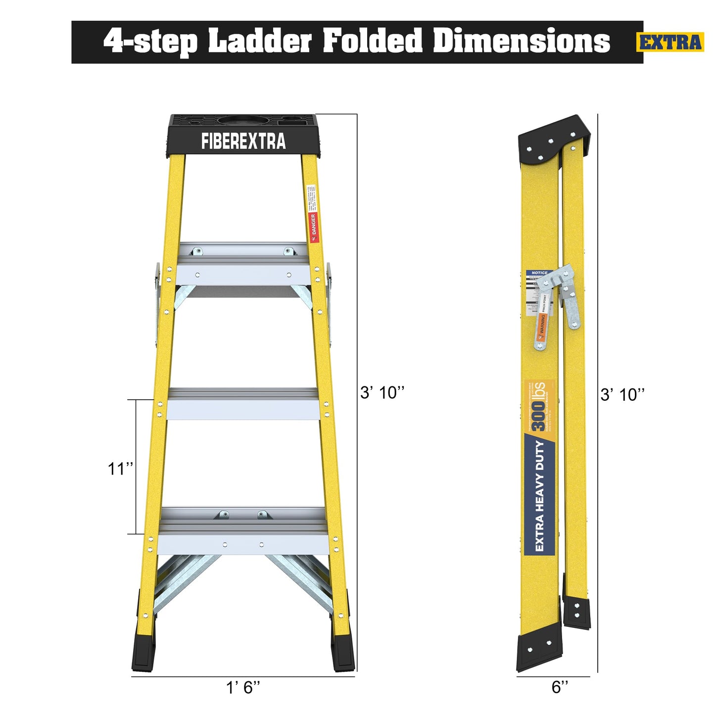 4-Step Fiberglass Step Ladder, 300 lbs Load Capacity, Non-Conductive A-Frame Ladder with Tool Tray, Foldable Single-Sided Stepladder for Home, Garage, Office and Shop