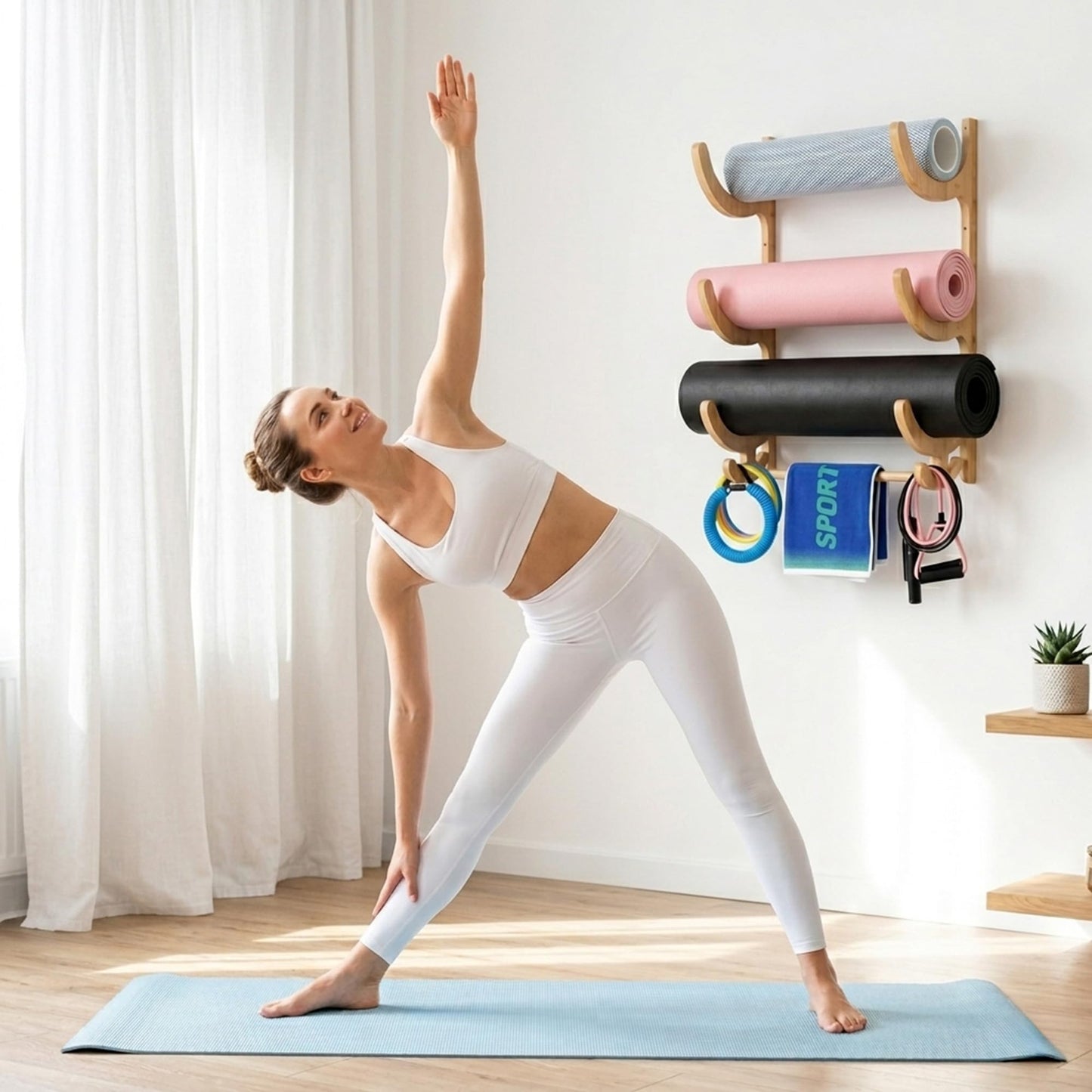 Upgraded 3 Tier Wooden Yoga Mat Holder Wall Mount with Bottom Hanging Bar, Yoga Mat Storage Rack with 4 Multi-Purpose Hooks, Foam Rollers and Resistance Band Hanger for Home Gym or Fitness Class
