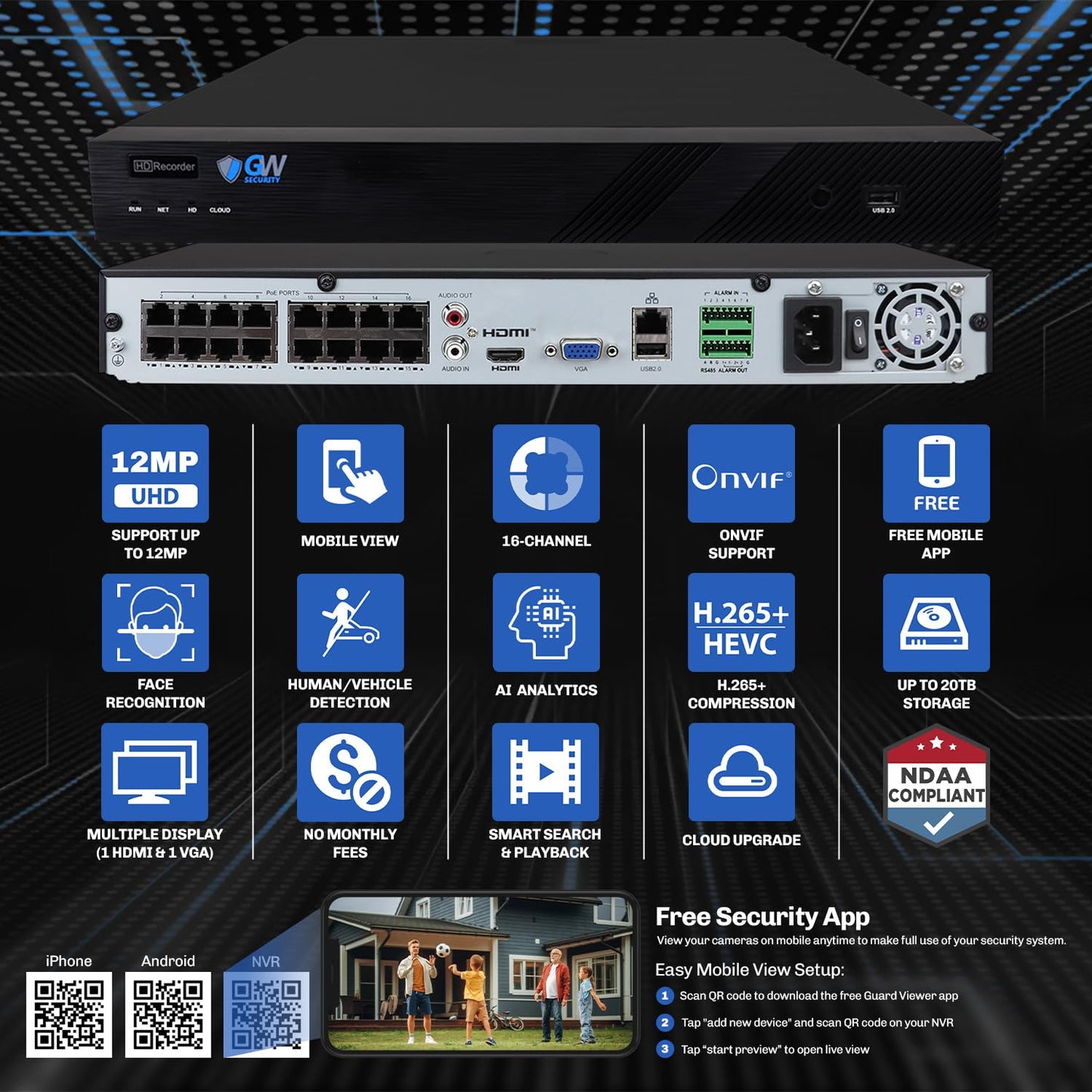 GW Security 16 Channel 12MP NVR 4K Security Camera System with 16 x 8MP PoE Full-Time Color Night Vision Outdoor/Indoor Microphone Acusearch Smart AI Bullet Cameras, 4TB HDD, No Monthly Fees (Black)
