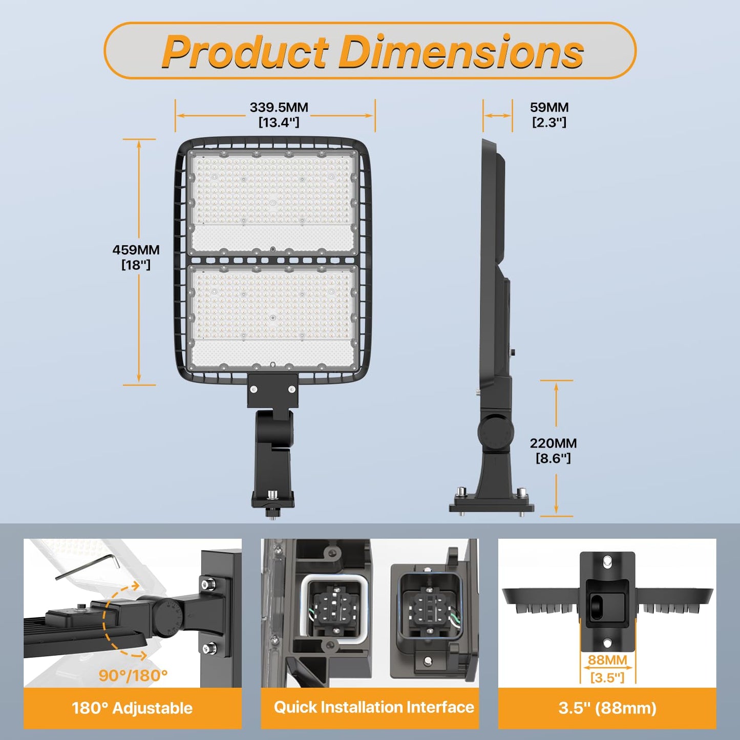 DEMILARE 300W LED Parking Lot Light Arm Mount with Dusk to Dawn Photocell 110V/120V Flood Lights 5000K Street Pole Light IP65 Waterproof Commercial Lighting for Parking Lot, Stadium, Driveways 2PACK