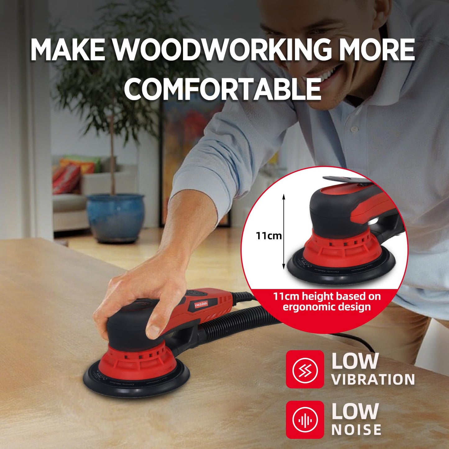 5mm Random Orbital Sander Wired，350W Brushless，4000-10K RPM Variable Speed ，Electric Palm Sander for Woodworking, Sanding and Polishing ，with 10 Sanding Paper & Dust Connector & Hose