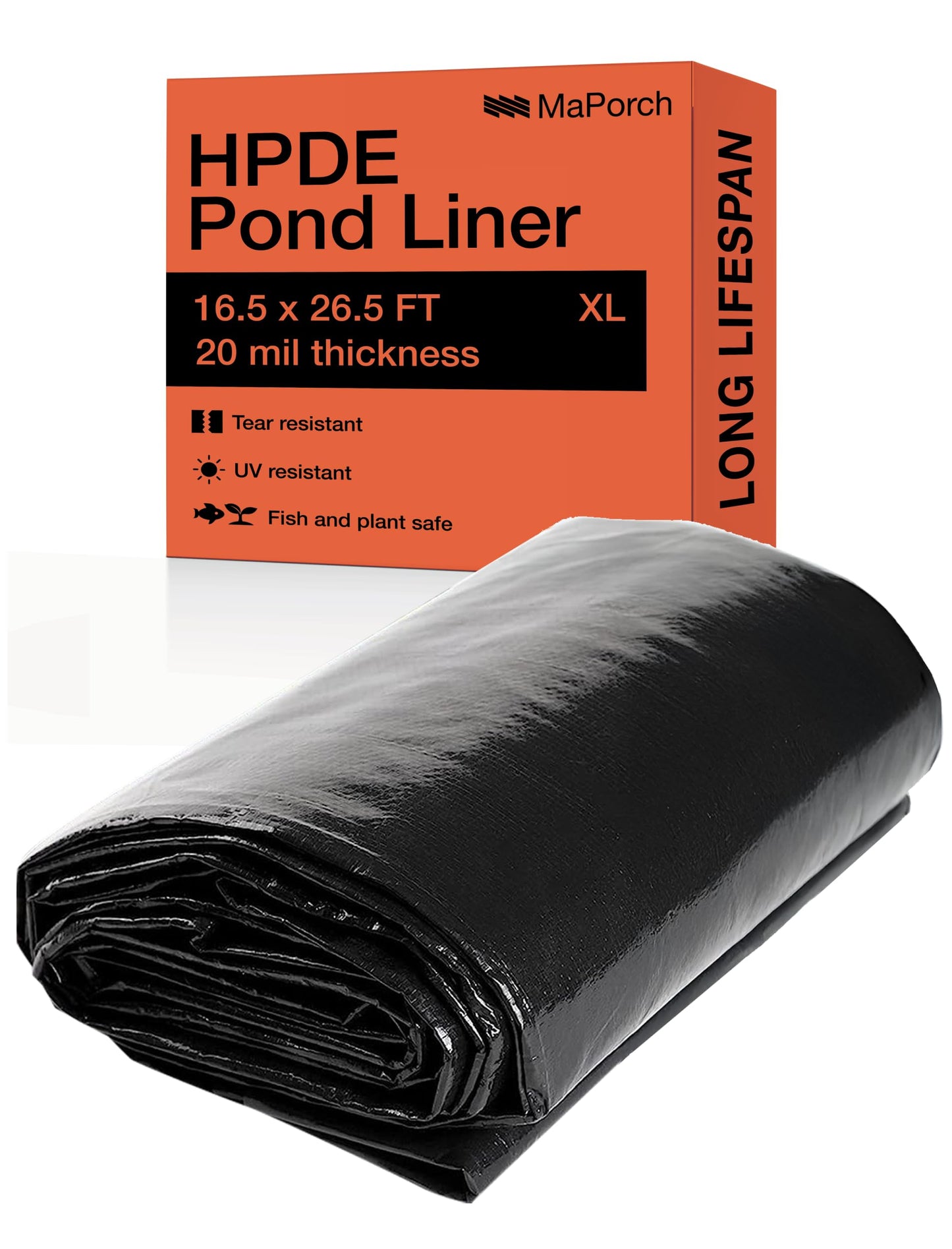 MAPORCH Pond Liner for Outdoor Ponds - Heavy Duty Koi Fish Pool Liner - 16.5 x 26.5 ft, HDPE 20 Mil - UV Resistant Waterproof Underlayment