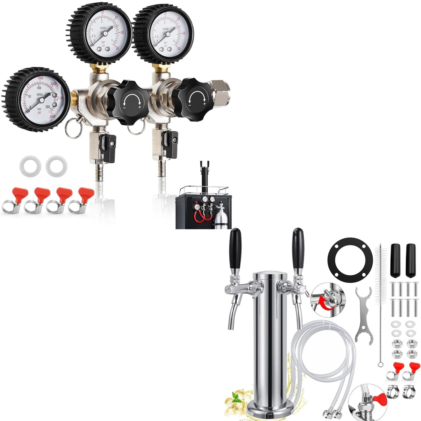 New Adjustable Dual Tap Kegerator Tower & Dual Keg Regulator CO2 Beer Pressure Regulator 0-60psi for Brewing