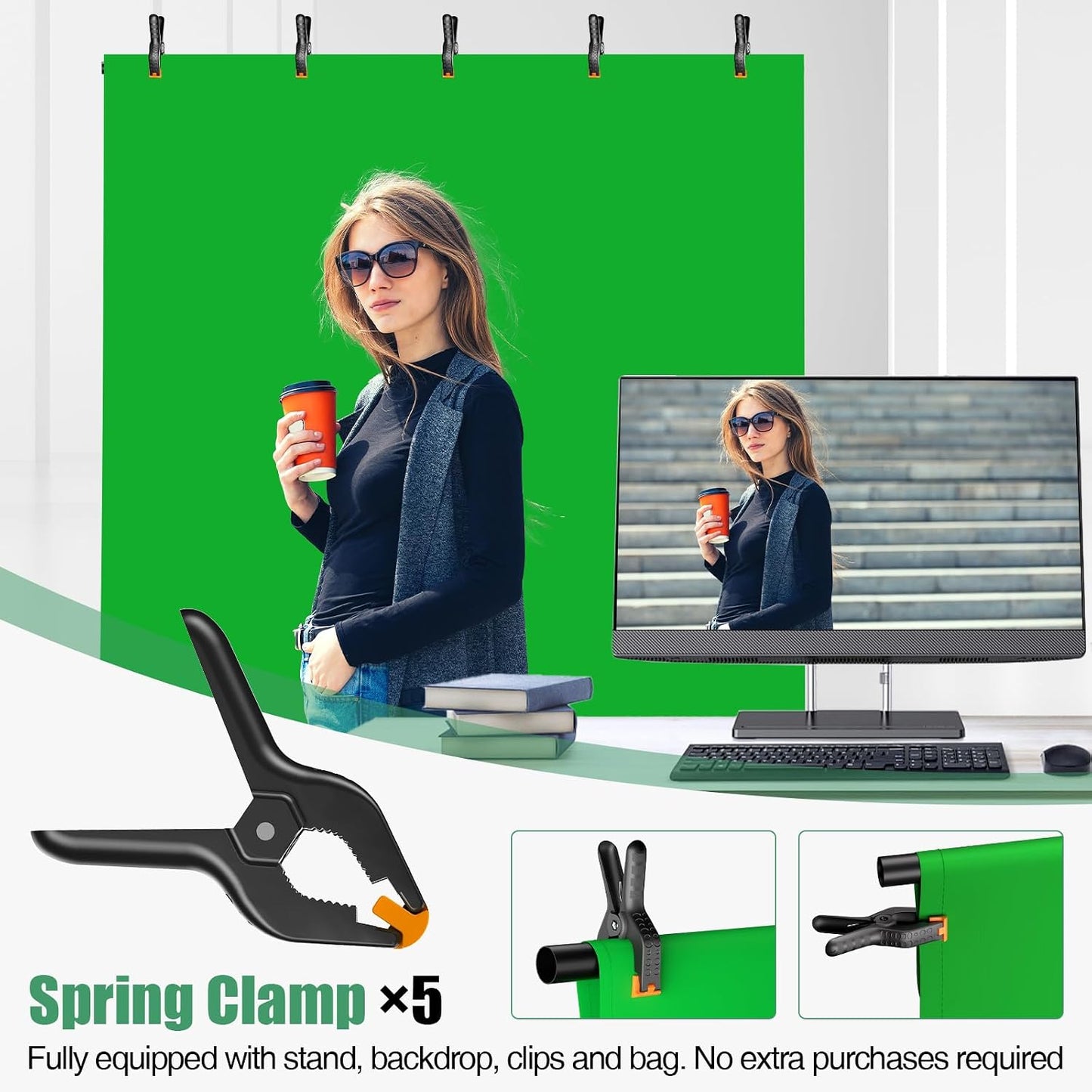 Qoolfoto 57ft 5 Green Screen Backdrop Kit, Portable Greenscreen Background with Adjustable T-Shaped Stand, Clamps