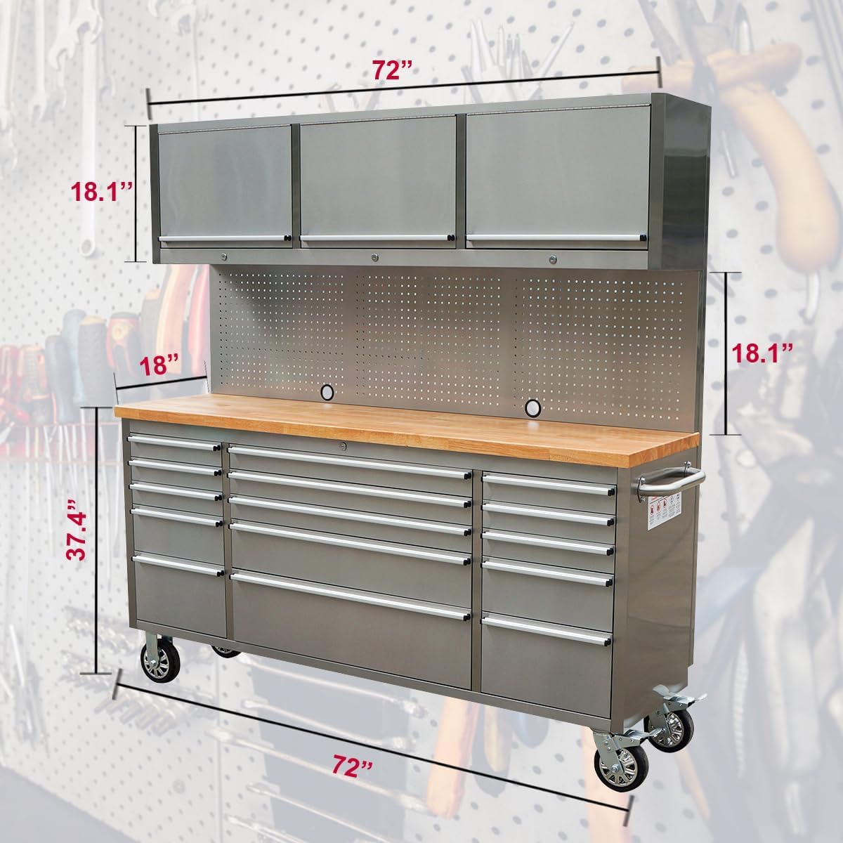 AnorTrek 72 inch 15 Drawers Tool Chest with 3 Up Cabinet & Pegboard in Stainless Steel (Stainless Steel)