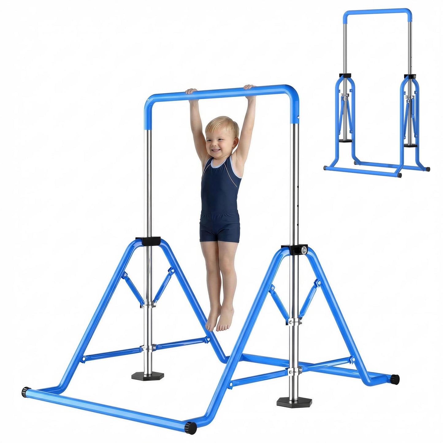 YICHIJIAN Expandable Kids Gymnastics Kip Bar, Folding Adjustable Height 45''-61'', 300LBS Weight Limit, Robust Horizontal Training Bar for Home Indoor Use, Gift for Kids Ages 3-13, Blue
