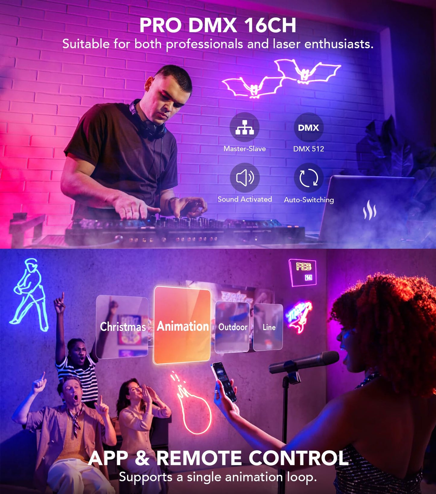 KeoBin APP DJ Laser Lights Professional - 200+ 3D RGB Animation Laser Light Show, Hand Drawing, Custom Patterns, Sound Actived & DMX Sync for Party, Stage, Club