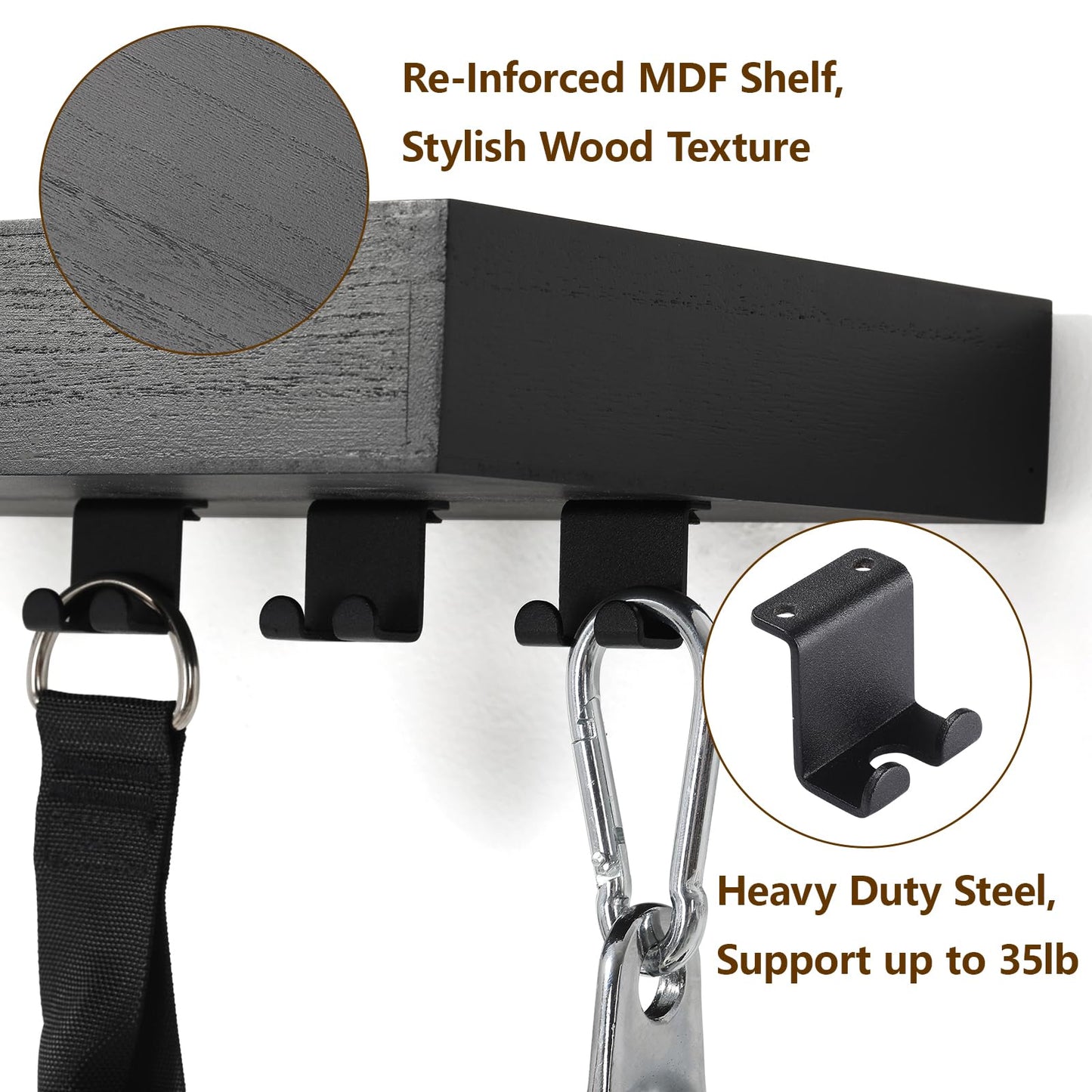 Wishtofly Tonal Accessory Shelf, Wall Mount Floating Shelf Organizer Fits Various Home Gym Accessories, Heavy Duty Space Saving Tonal Storage Rack with 6 T-Locks Clips Hooks Adapters Hanger, Black