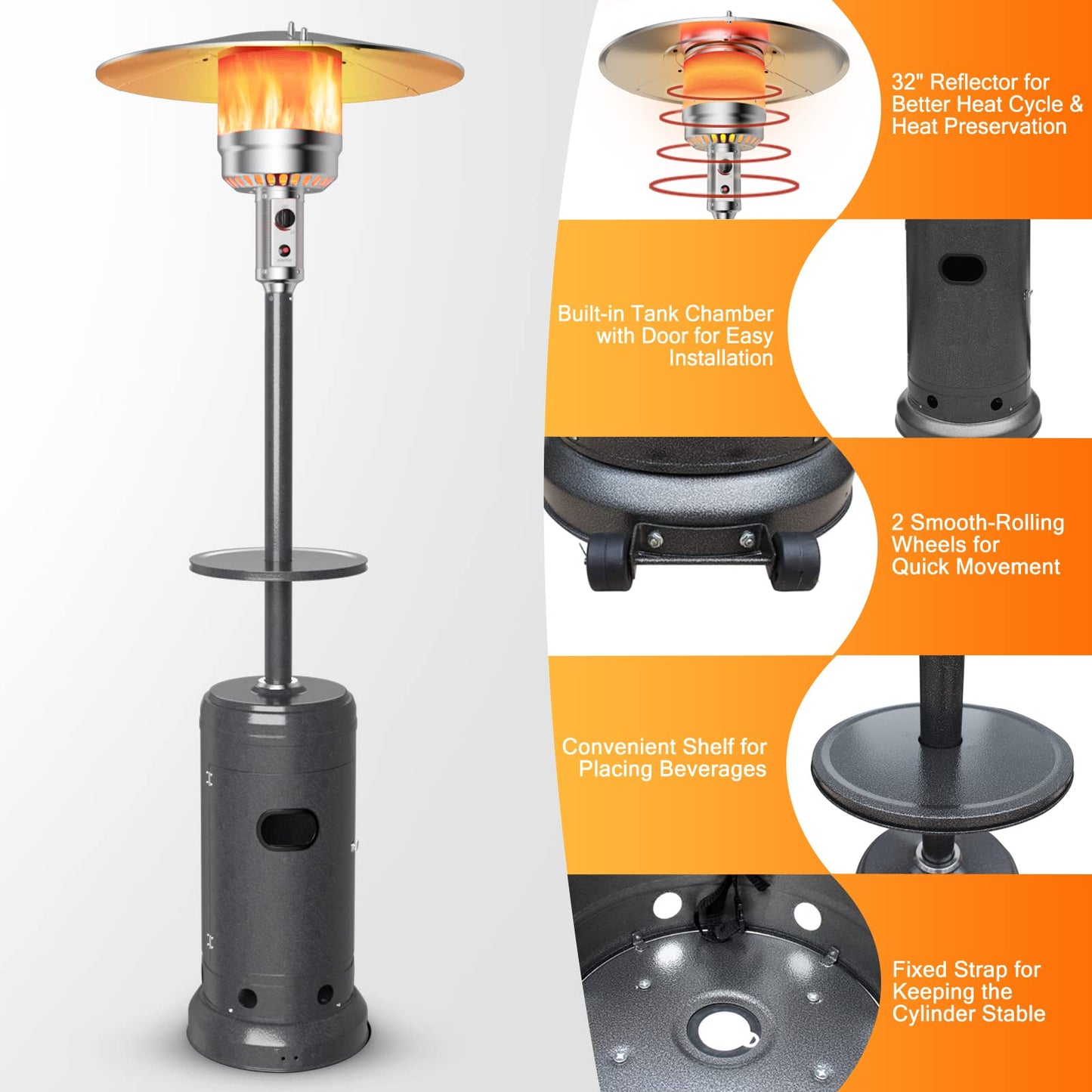 Giantex Outdoor Propane Heater, 50000 BTU Standing Gas Heater w/Shelf Tabletop & Wheels, Tip-Over Protection & Auto Shut Off, CSA Certified, Portable Patio Heaters for Home & Commercial Use (Grey)